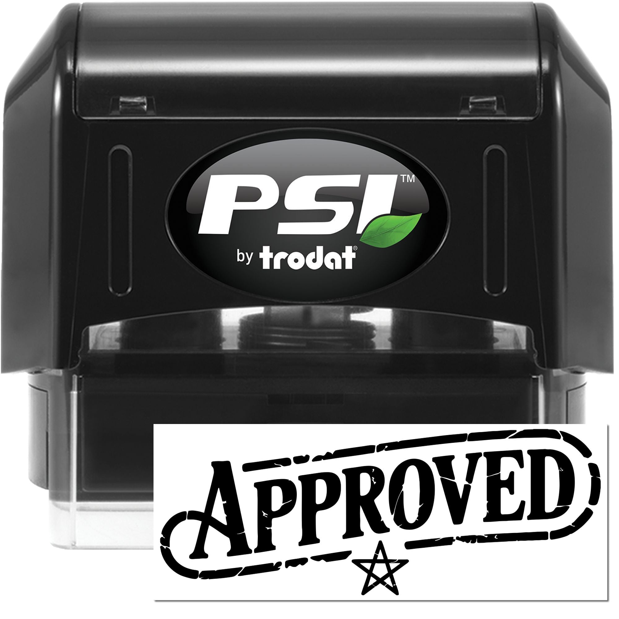 PSI by Trodat self-inking rubber stamp with Approved imprint for office document approval.