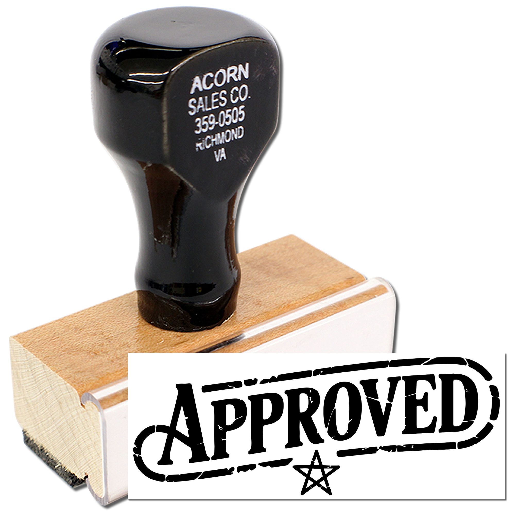Approved rubber stamp with wooden handle for office document and paperwork approval