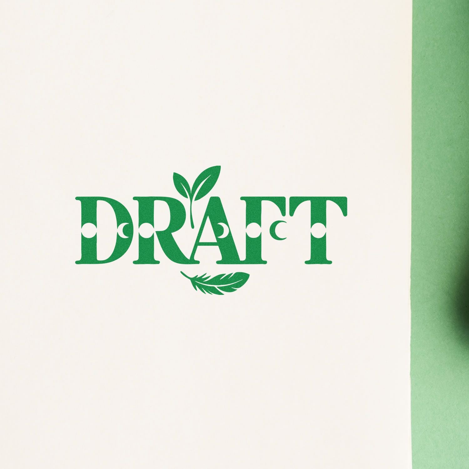 Green Draft rubber stamp design with leaf accents for documents, stationery, and eco-friendly branding.