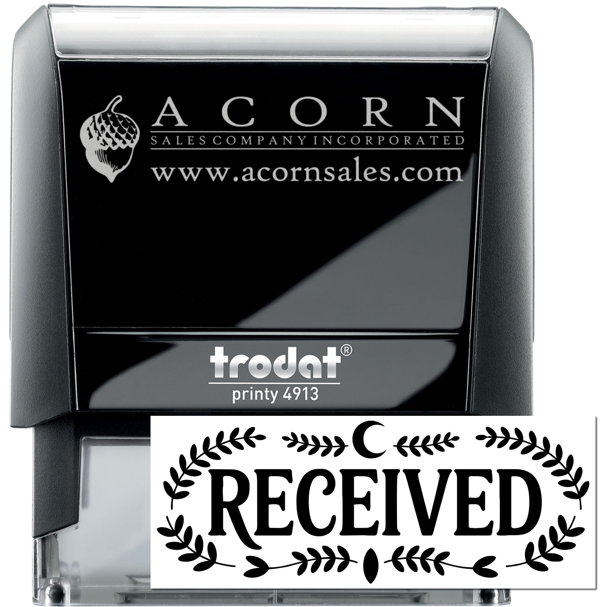 Custom self-inking rubber stamp with Acorn Sales logo and RECEIVED imprint, Trodat Printy 4913 office stamp.