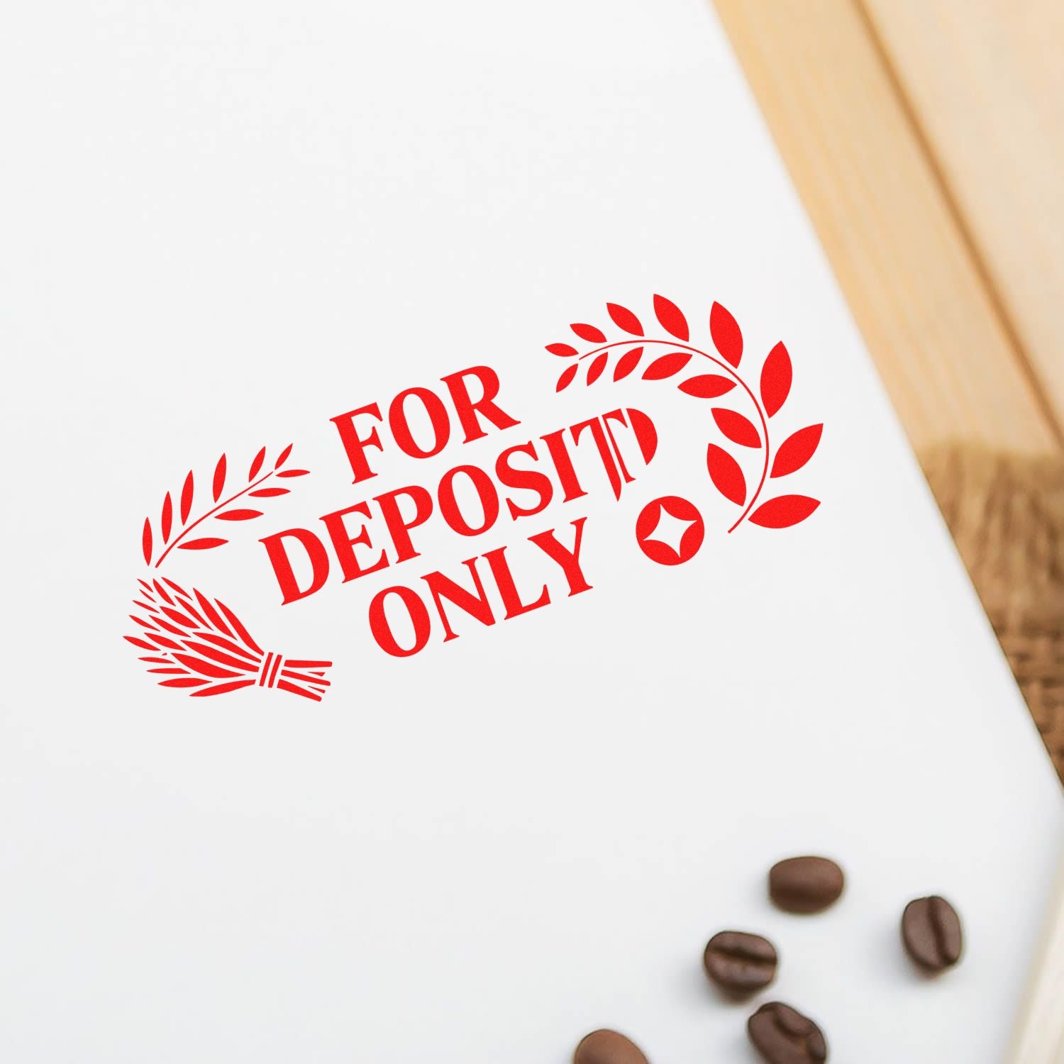Red rubber stamp reading For Deposit Only on white paper, ideal for bank endorsement and business check processing.