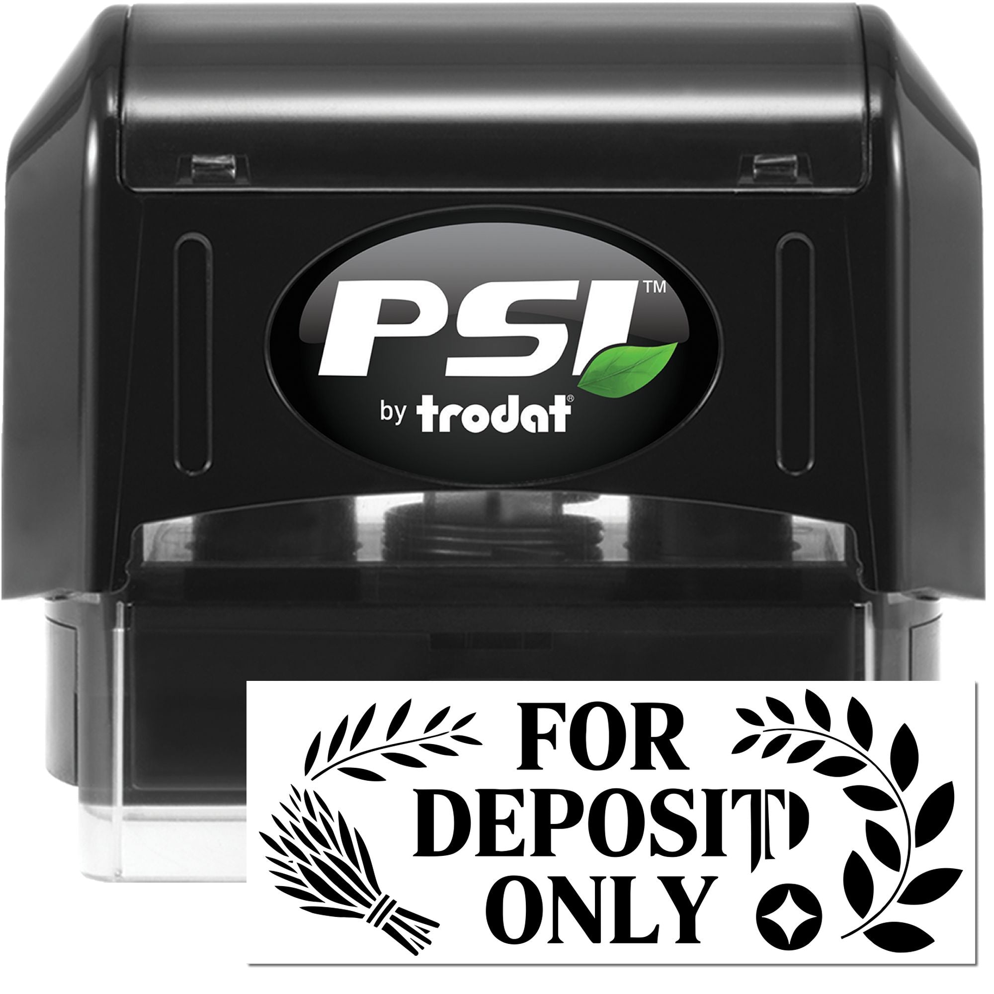 PSI by Trodat self-inking rubber bank deposit stamp with custom For Deposit Only imprint and decorative laurel design