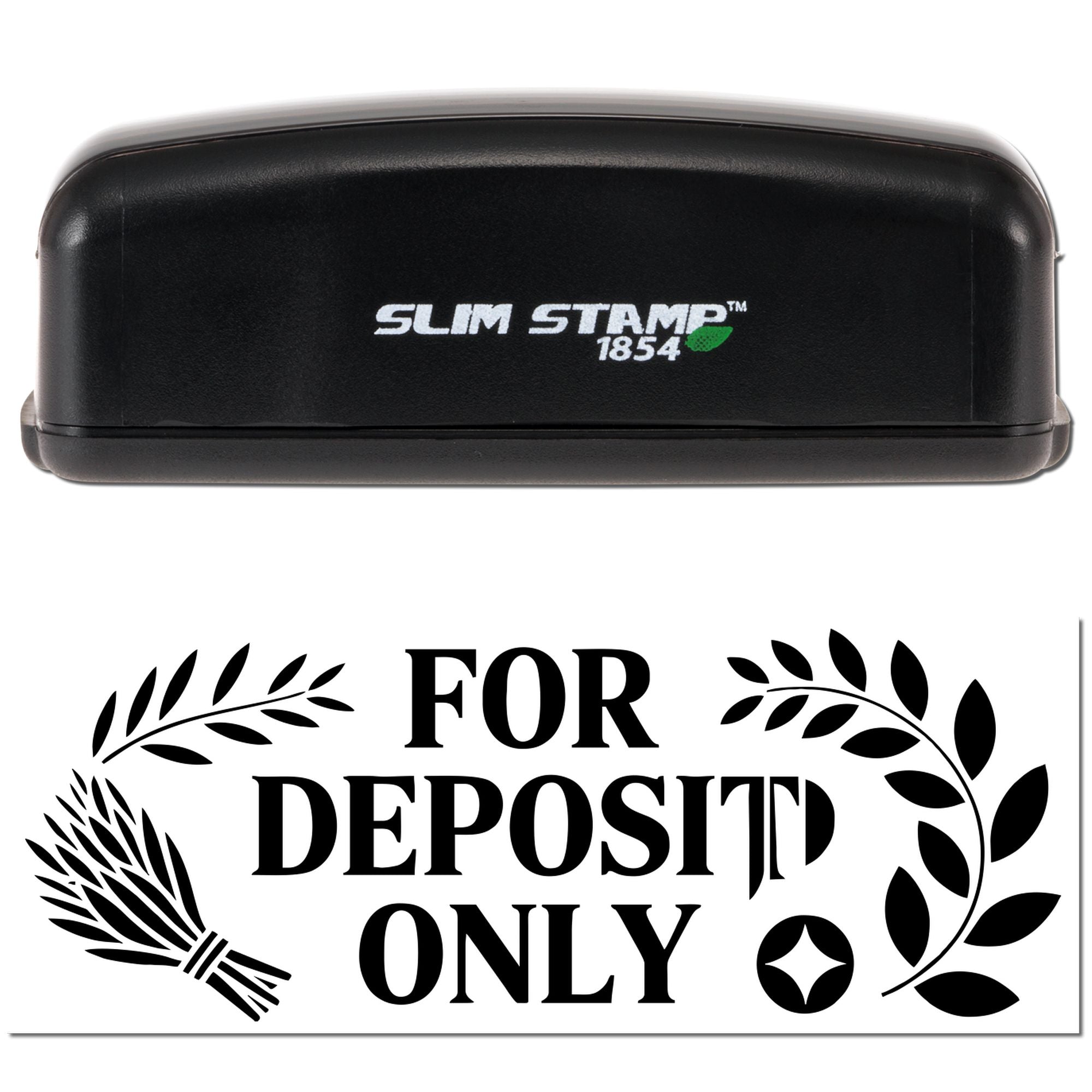 Custom rubber stamp for deposit only bank endorsement with decorative leaf border for business check processing.