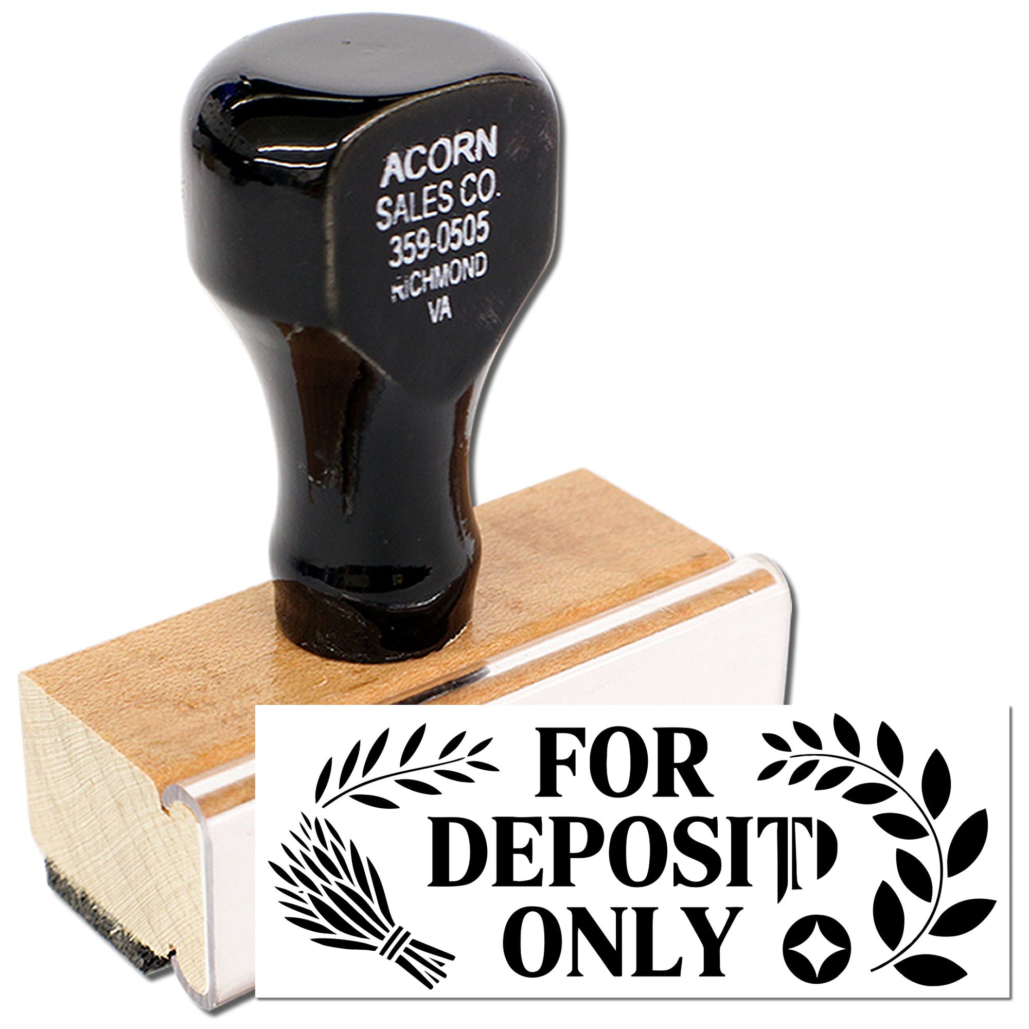 Custom rubber stamp with wooden handle and For Deposit Only imprint for business check deposits.