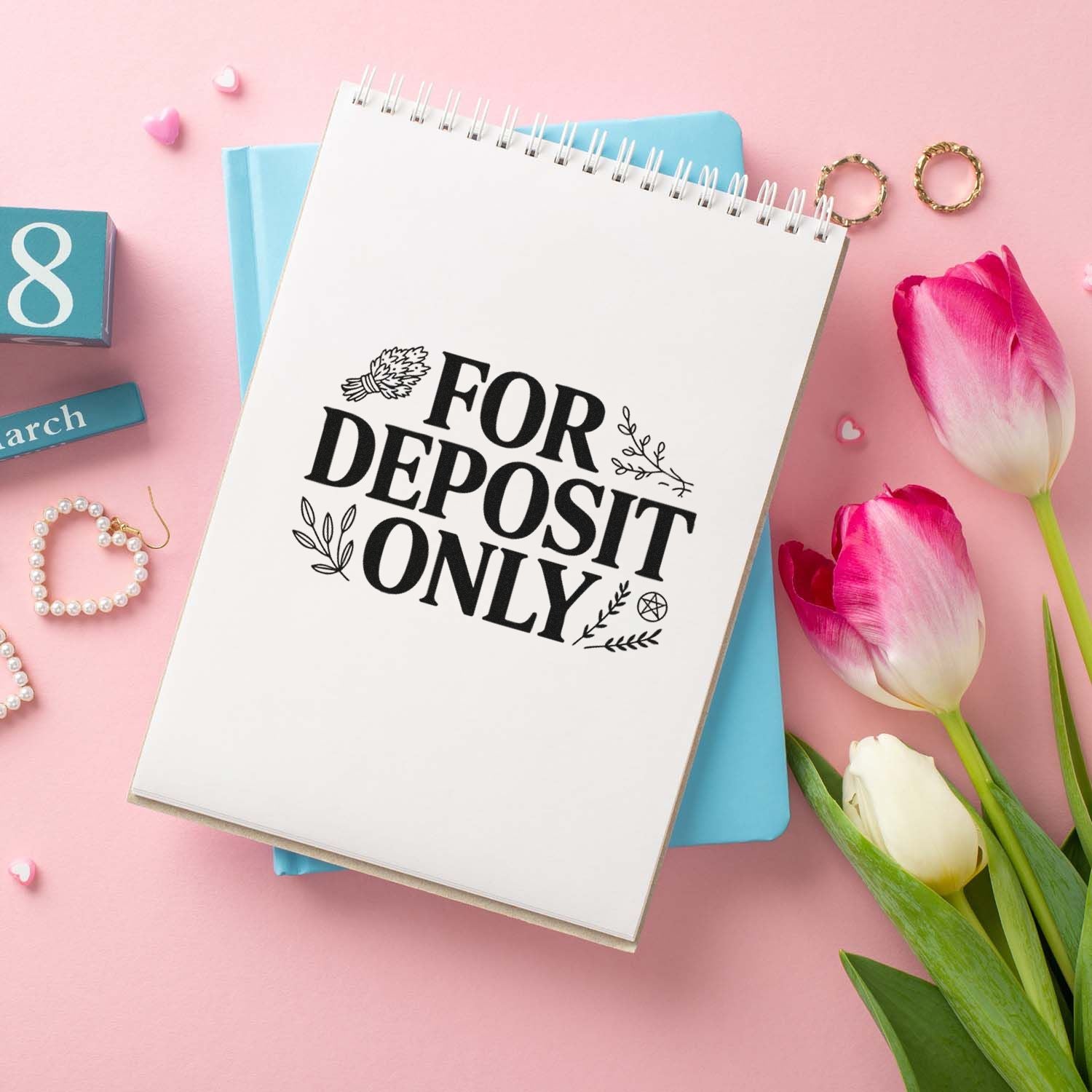 For Deposit Only rubber stamp design on notebook, ideal for banking, checks, and office use.