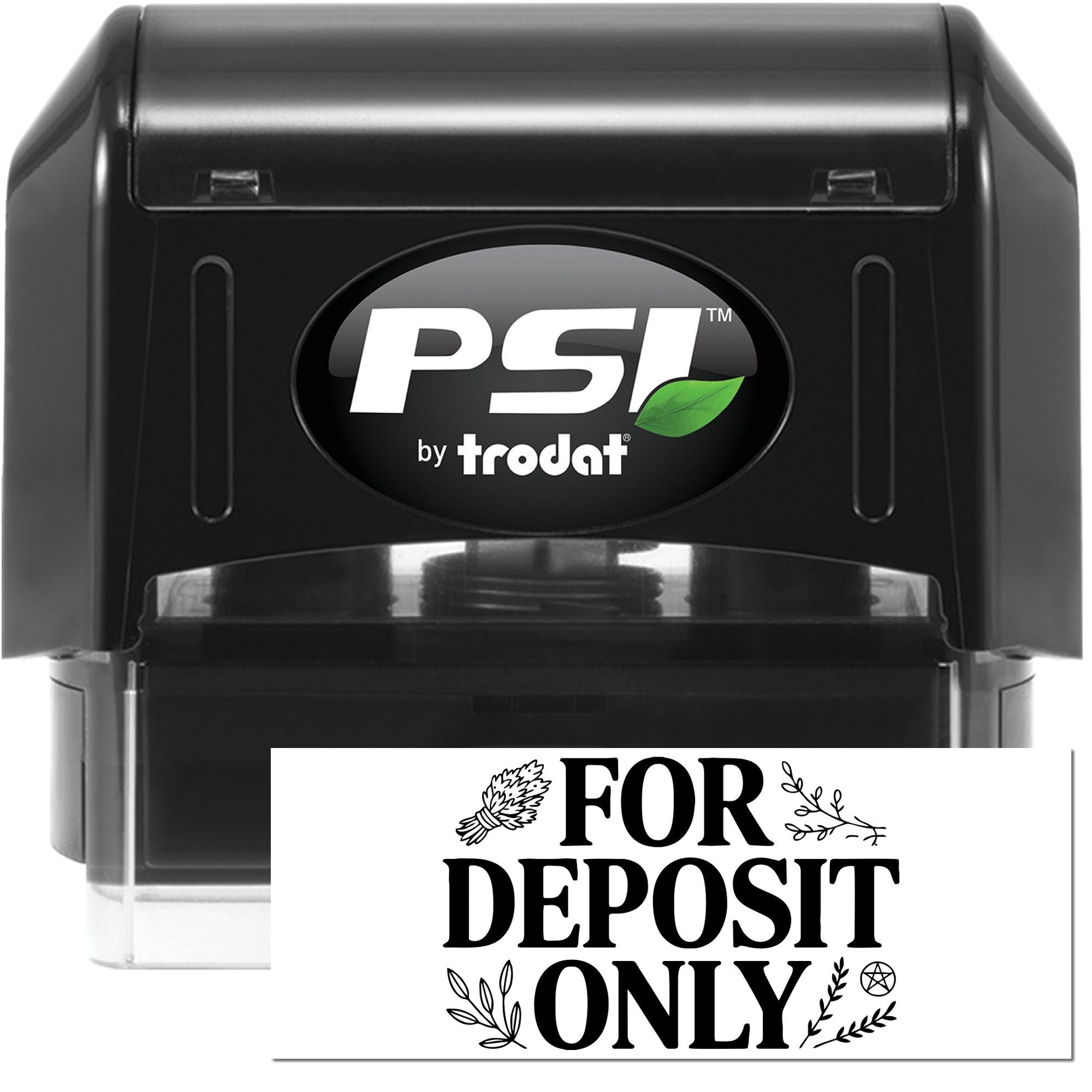 PSI by Trodat self-inking rubber stamp with For Deposit Only imprint for bank check endorsement and deposits.