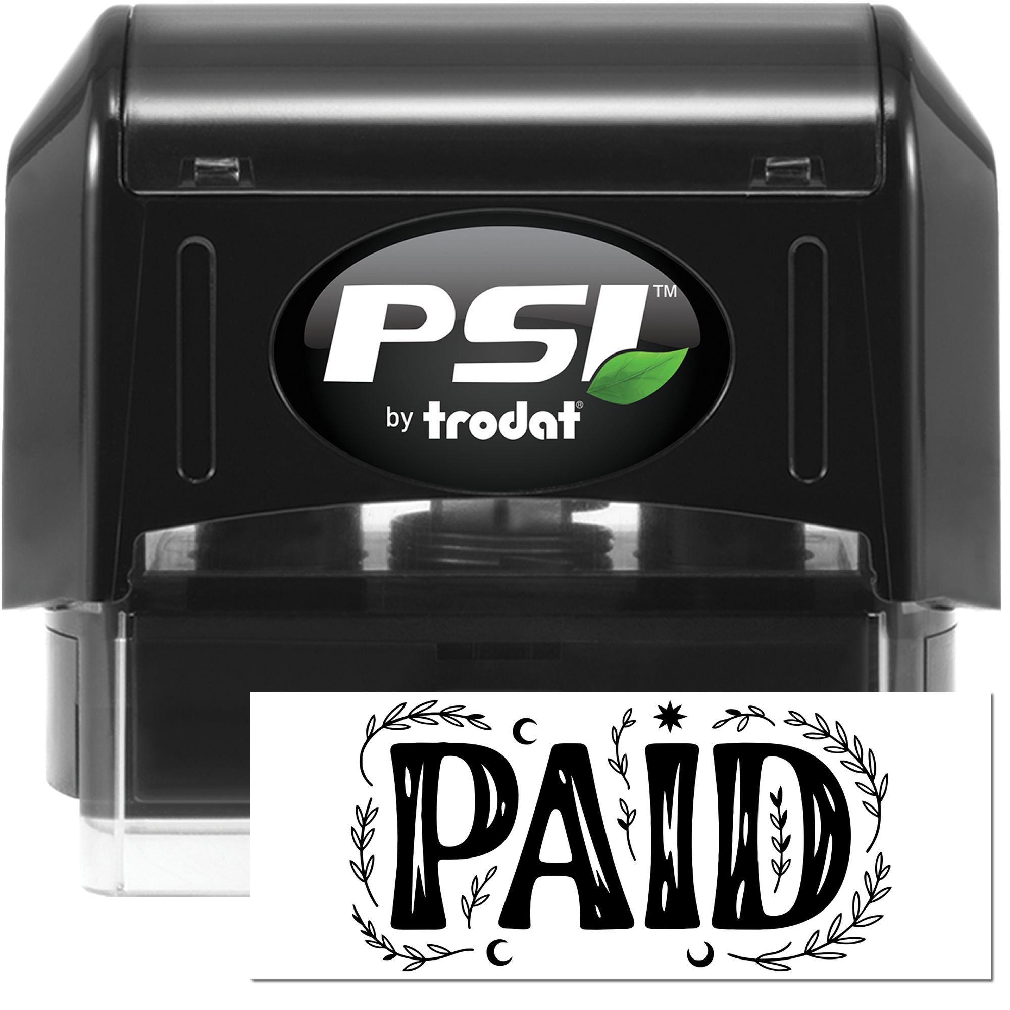 PSI by Trodat self-inking rubber stamp with PAID imprint for invoices, receipts, and business document approval.