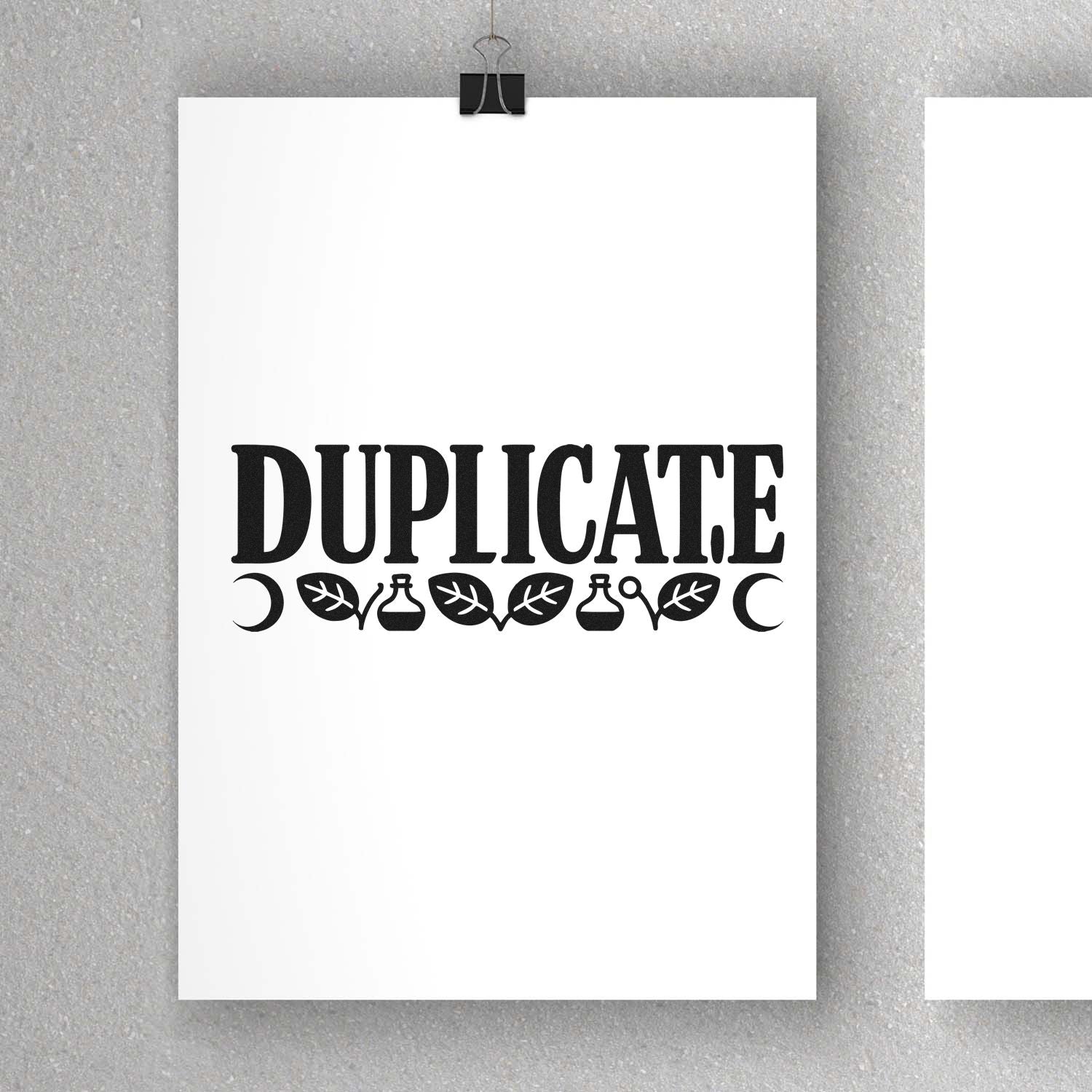 Bold DUPLICATE rubber stamp design with decorative leaves, moons, and bottles for branding, labeling, or packaging.