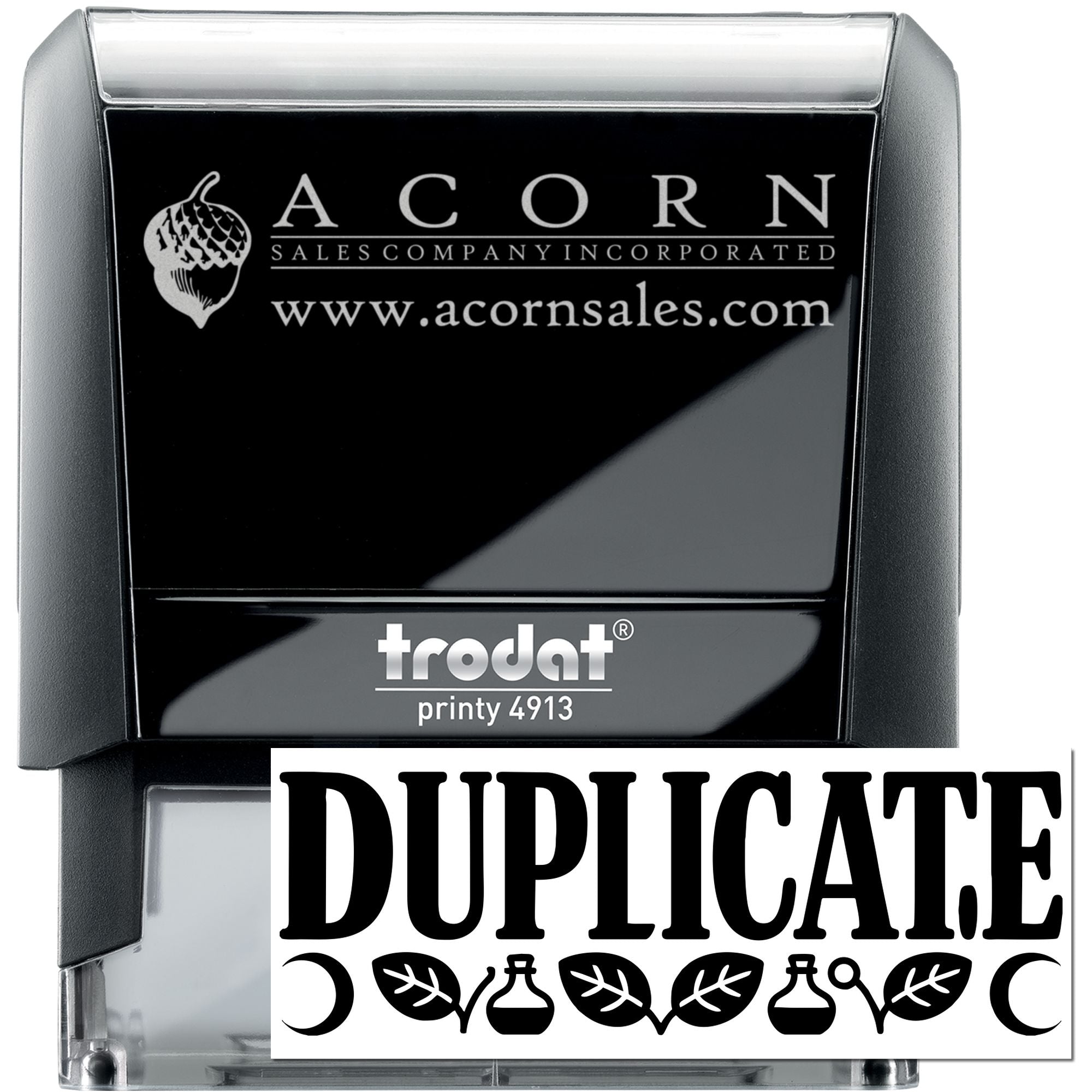 Custom self-inking rubber stamp, Trodat Printy 4913, with Acorn Sales logo and duplicate imprint design.
