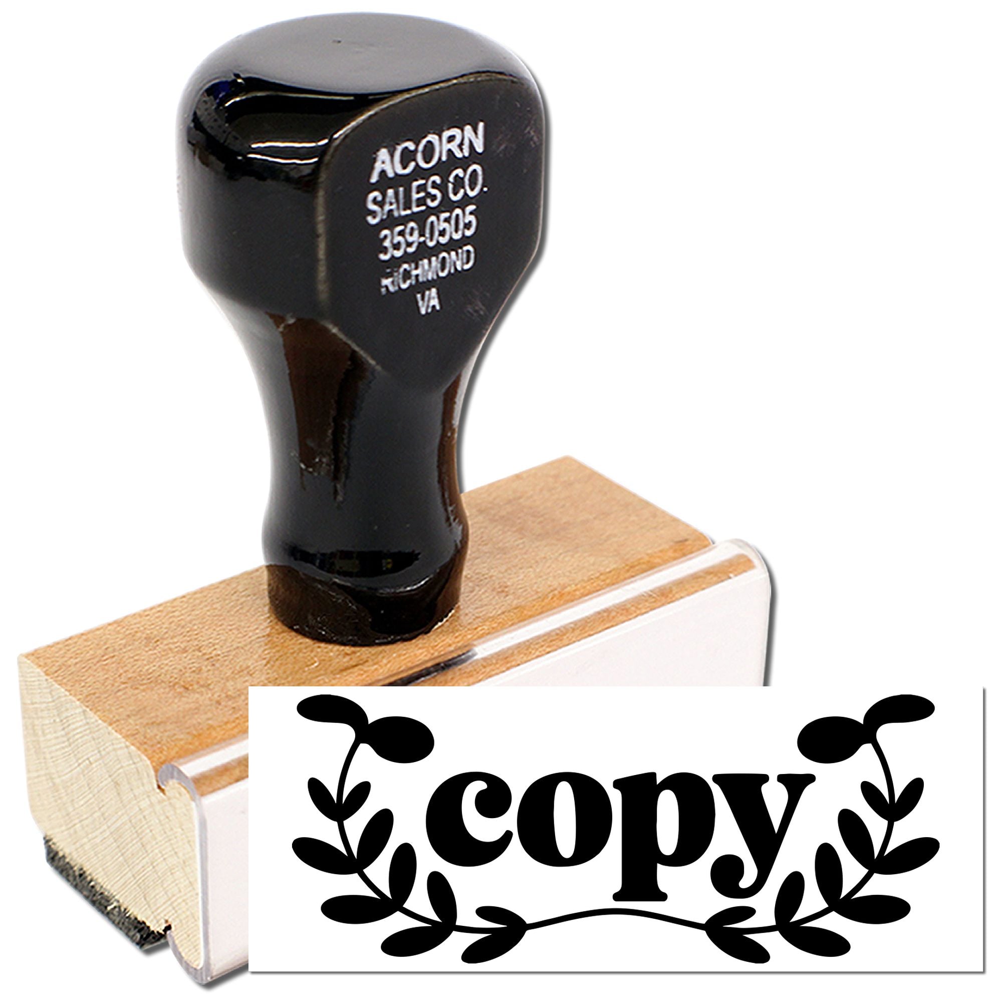 Copy rubber stamp with wooden handle for office document marking and duplicate file labeling.