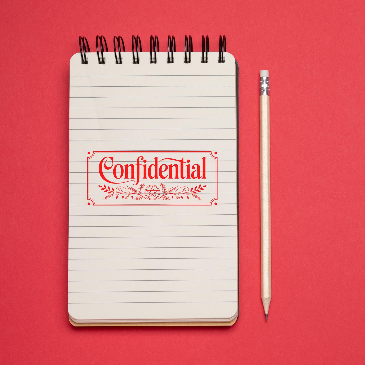 Confidential rubber stamp design on lined notebook, ideal for privacy marking on office documents
