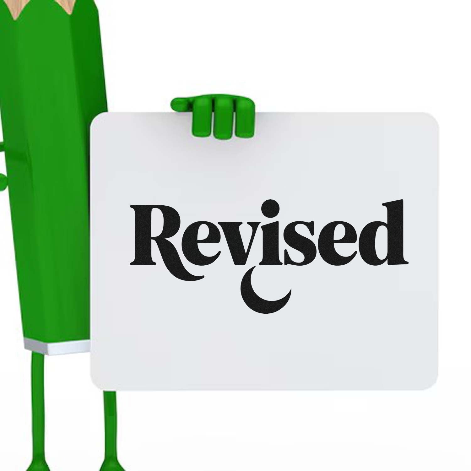 Revised rubber stamp design with green figure holding a correction sign for document approval and editing status.