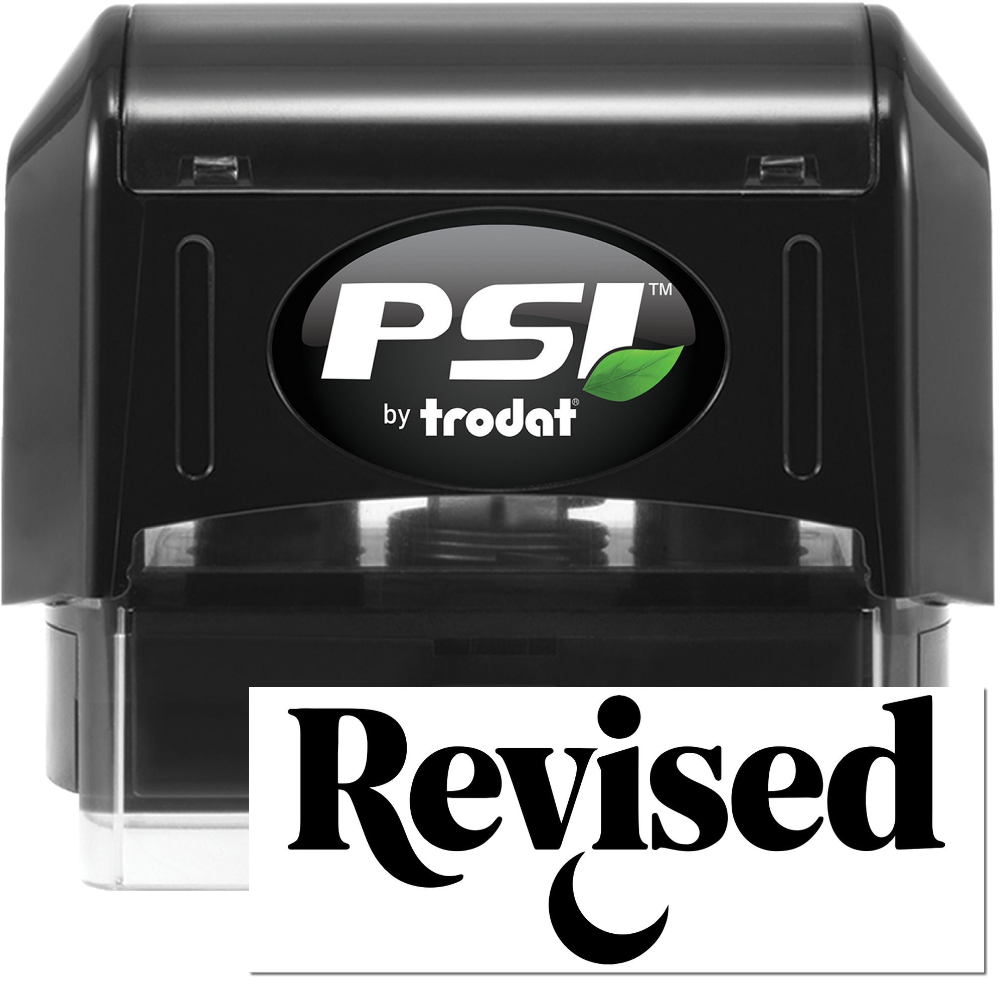 PSI by Trodat self-inking rubber stamp with Revised impression for office document review and filing.