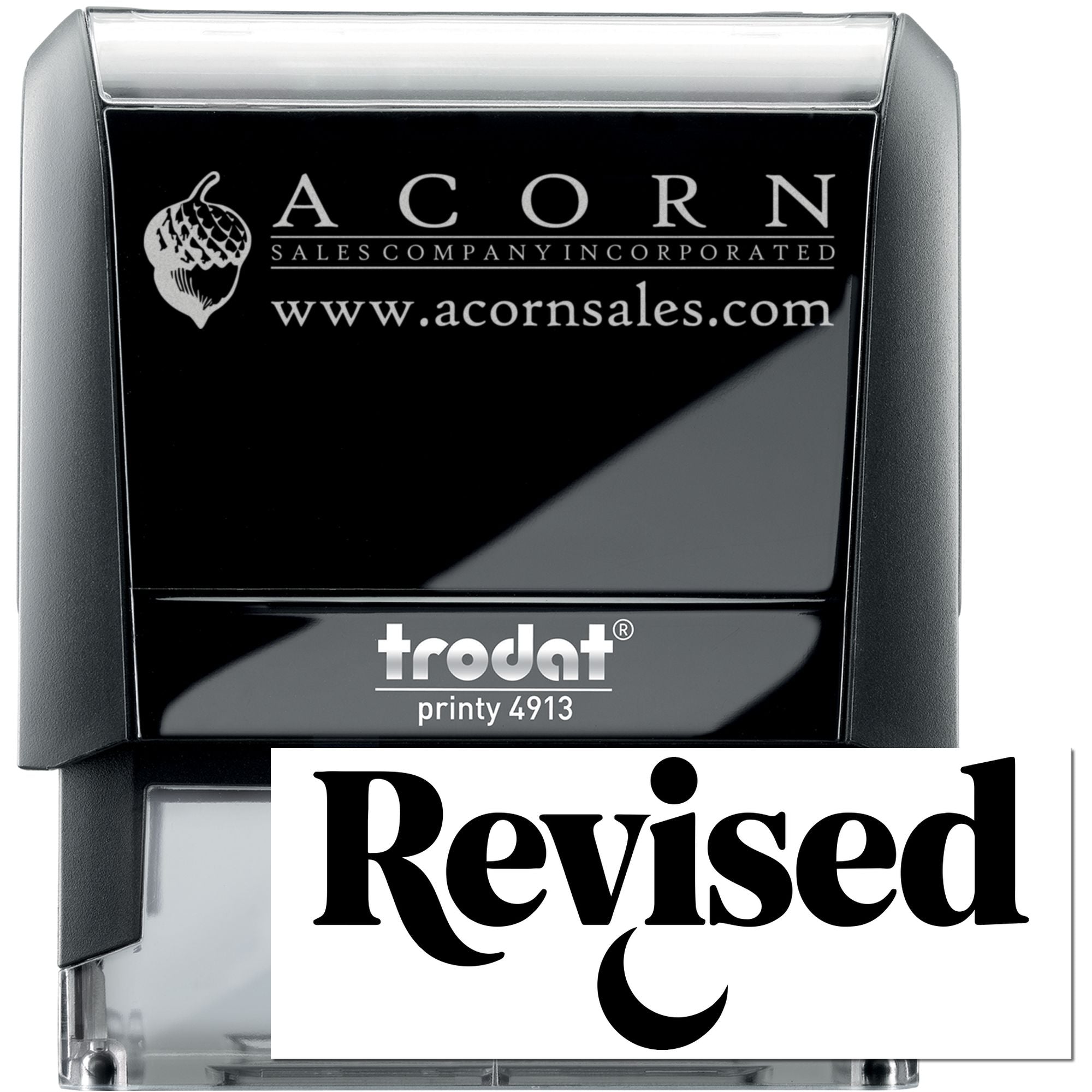 Self-inking Revised rubber stamp, Trodat Printy 4913, for marking updated documents and office paperwork.