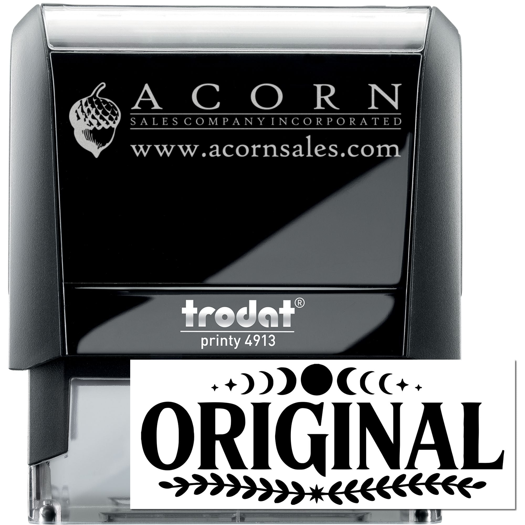 Custom self-inking rubber stamp with Acorn Sales logo and Original design, Trodat Printy 4913 for business branding