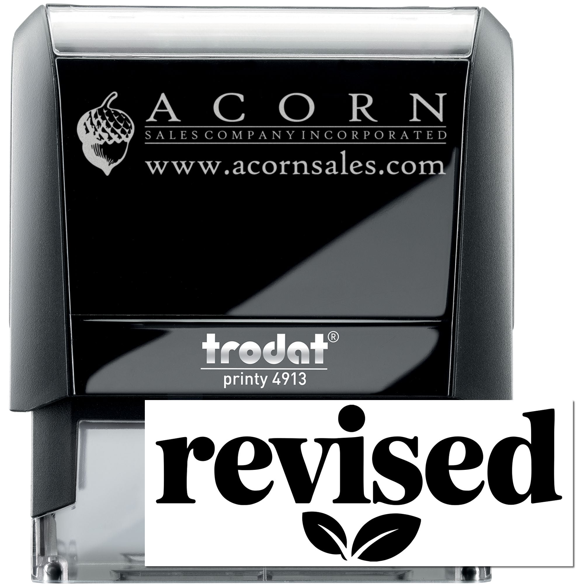 Self-inking rubber stamp with Acorn Sales Company logo, website, and revised imprint for office document marking.
