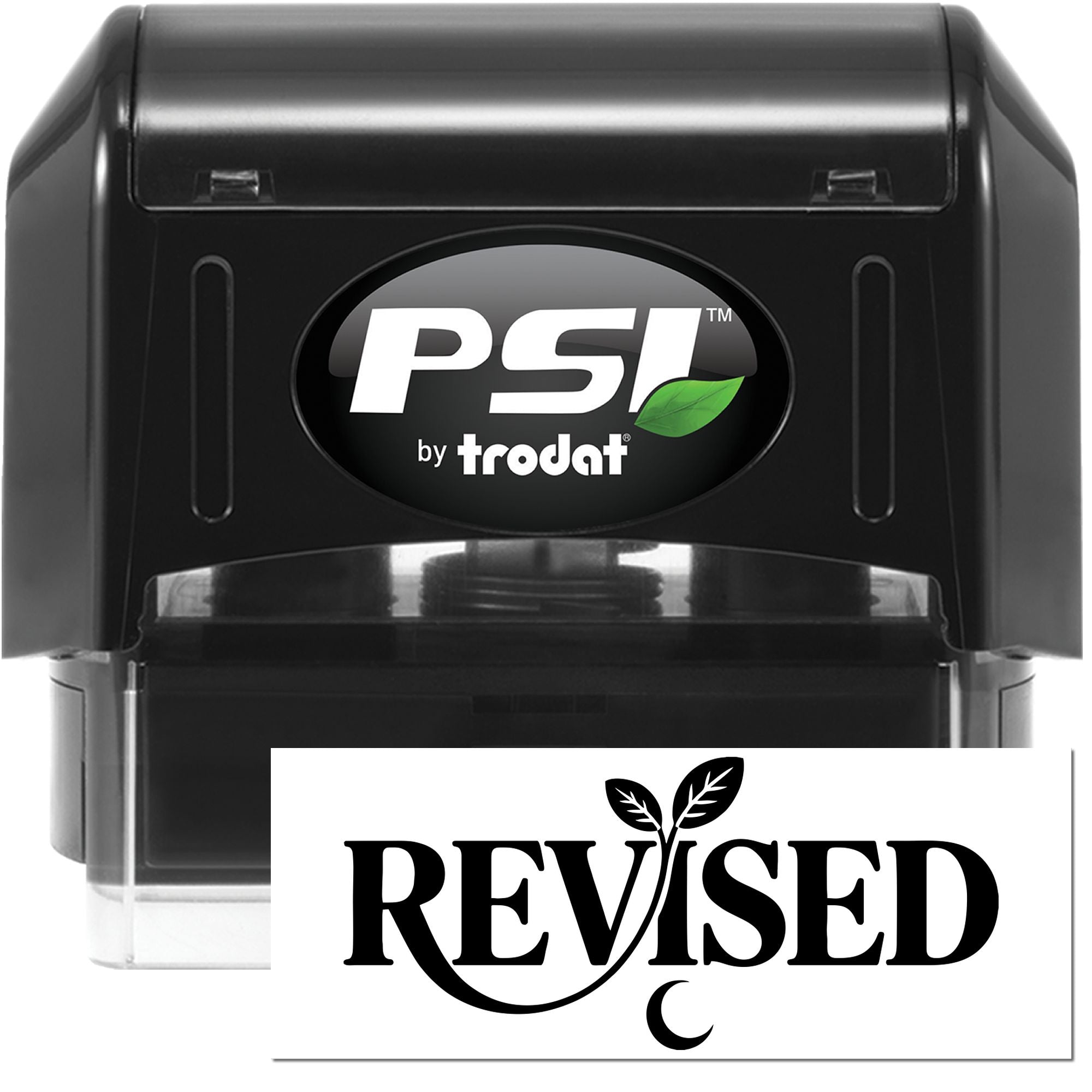 PSI by Trodat self-inking rubber stamp with REVISED imprint for marking office documents.