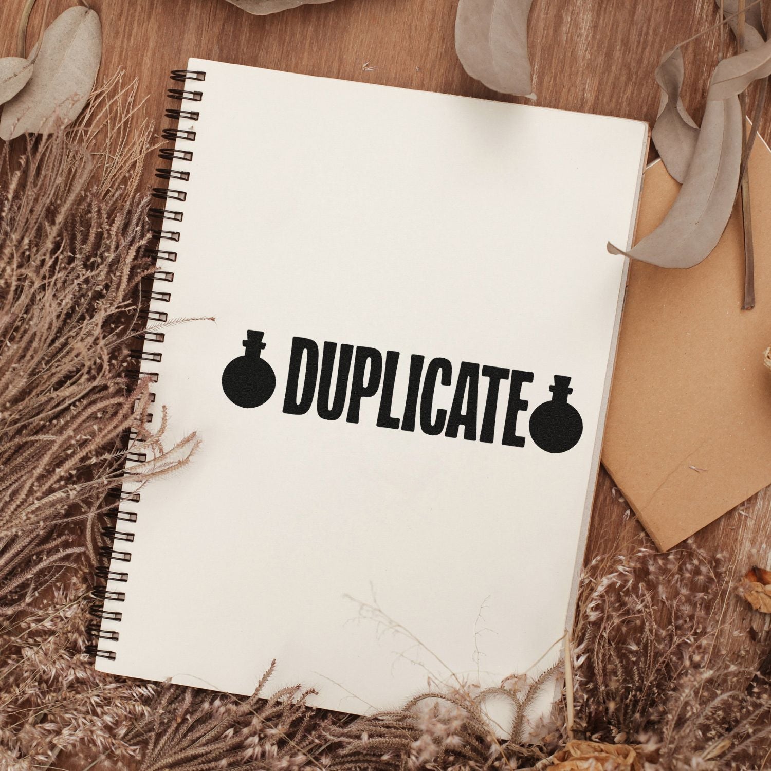 Duplicate rubber stamp impression on spiral notebook, styled with dried botanicals for a branding and packaging mockup.