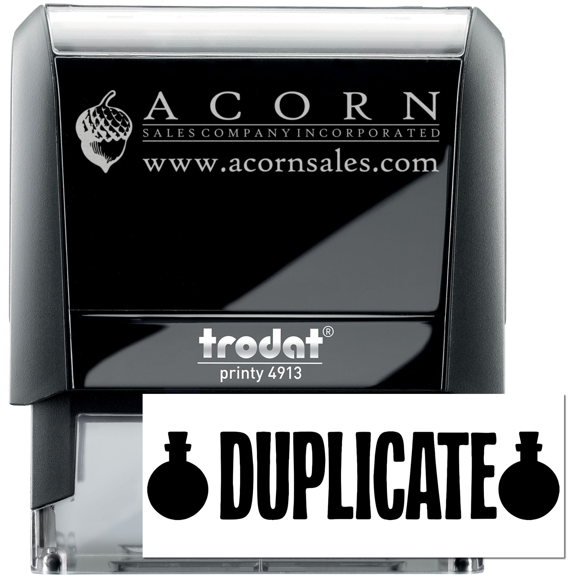 Custom Trodat Printy self-inking rubber stamp for duplicate documents, featuring bold DUPLICATE imprint and Acorn Sales logo.
