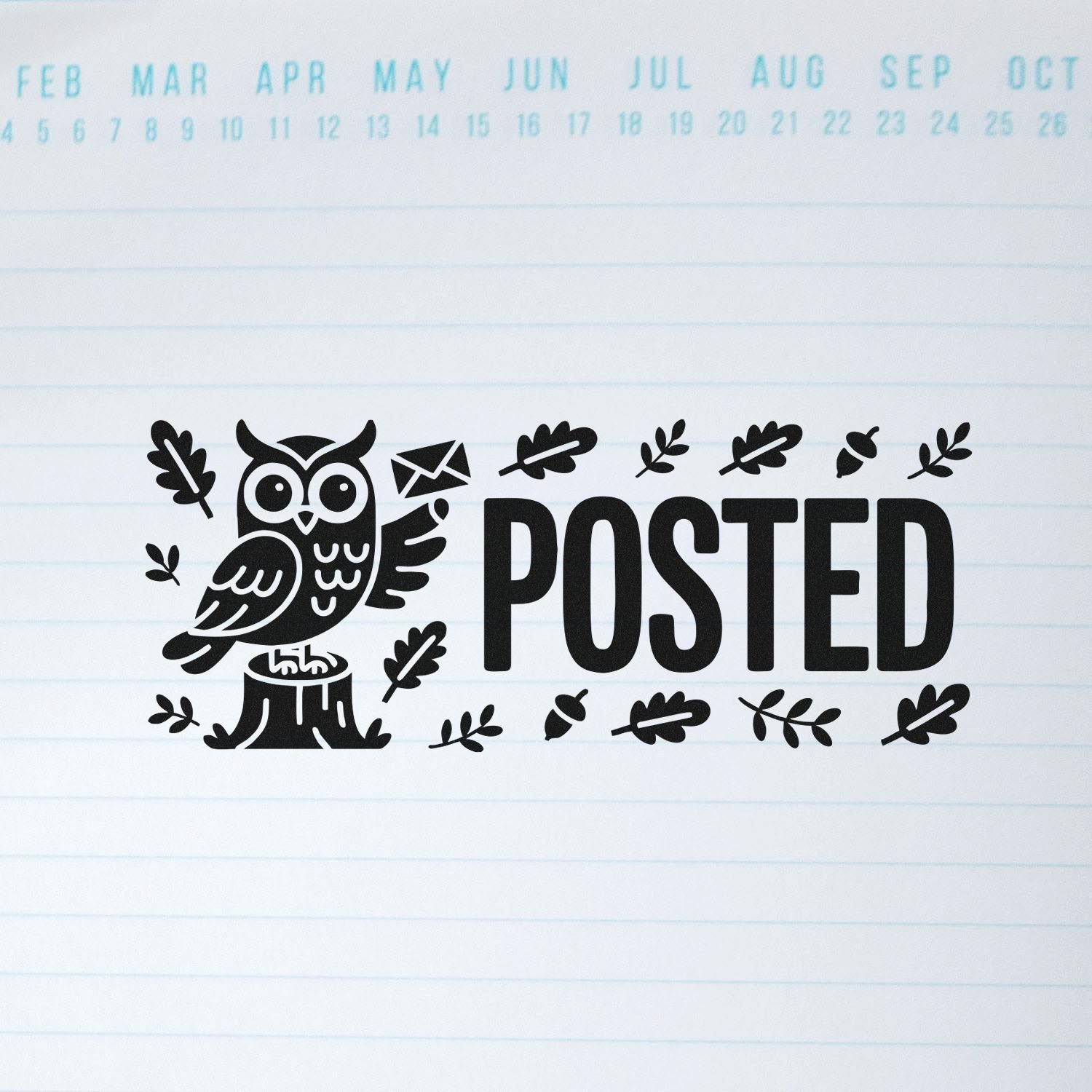 POSTED rubber stamp with owl and leaf accents for office mail, planner pages, and document approval.