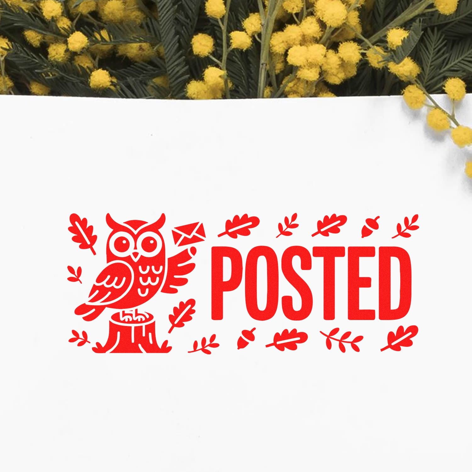 Red POSTED rubber stamp design with owl and autumn leaves for mail, packaging, and craft projects.