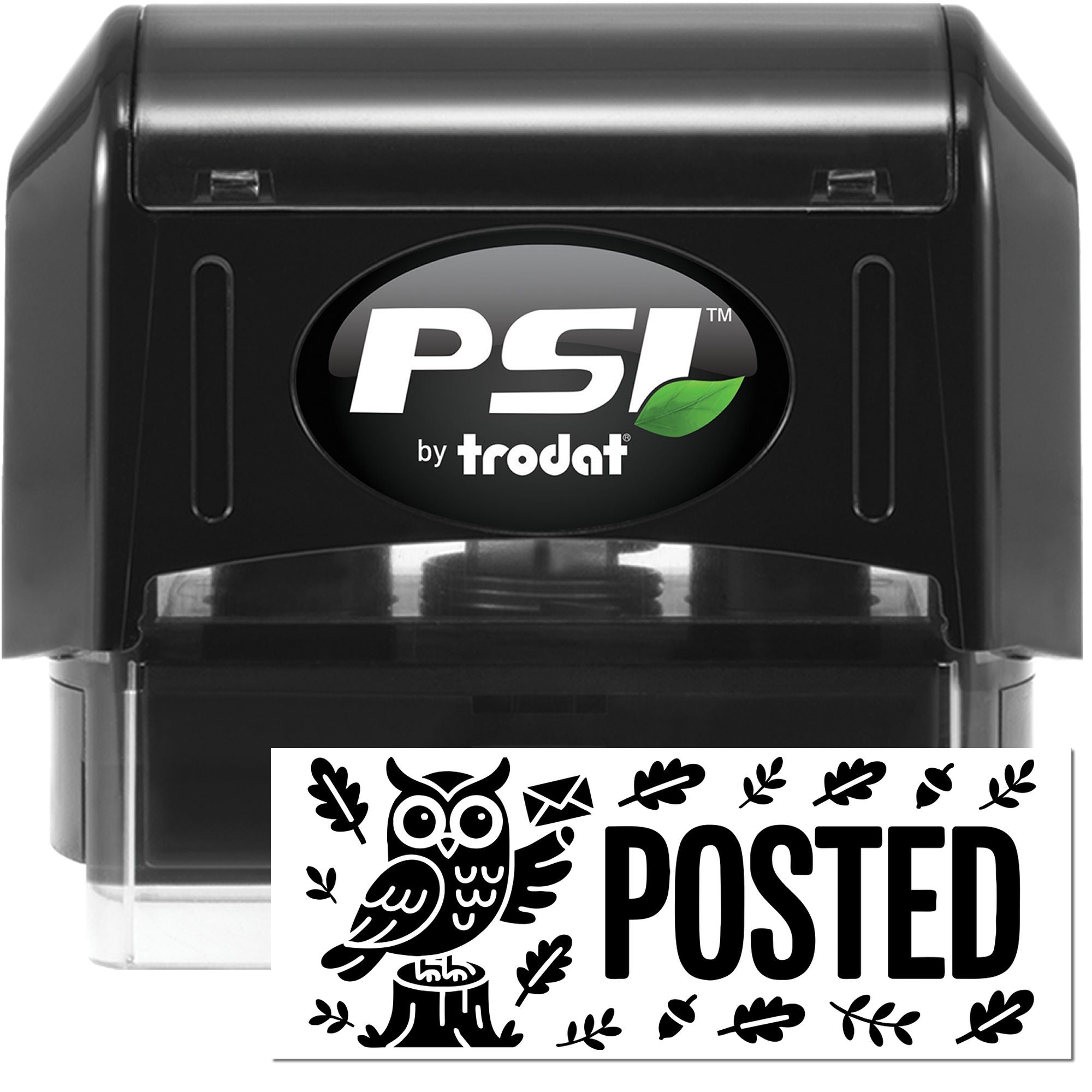 PSI by Trodat self-inking rubber stamp with POSTED owl design for office mailing and custom posted stamps.