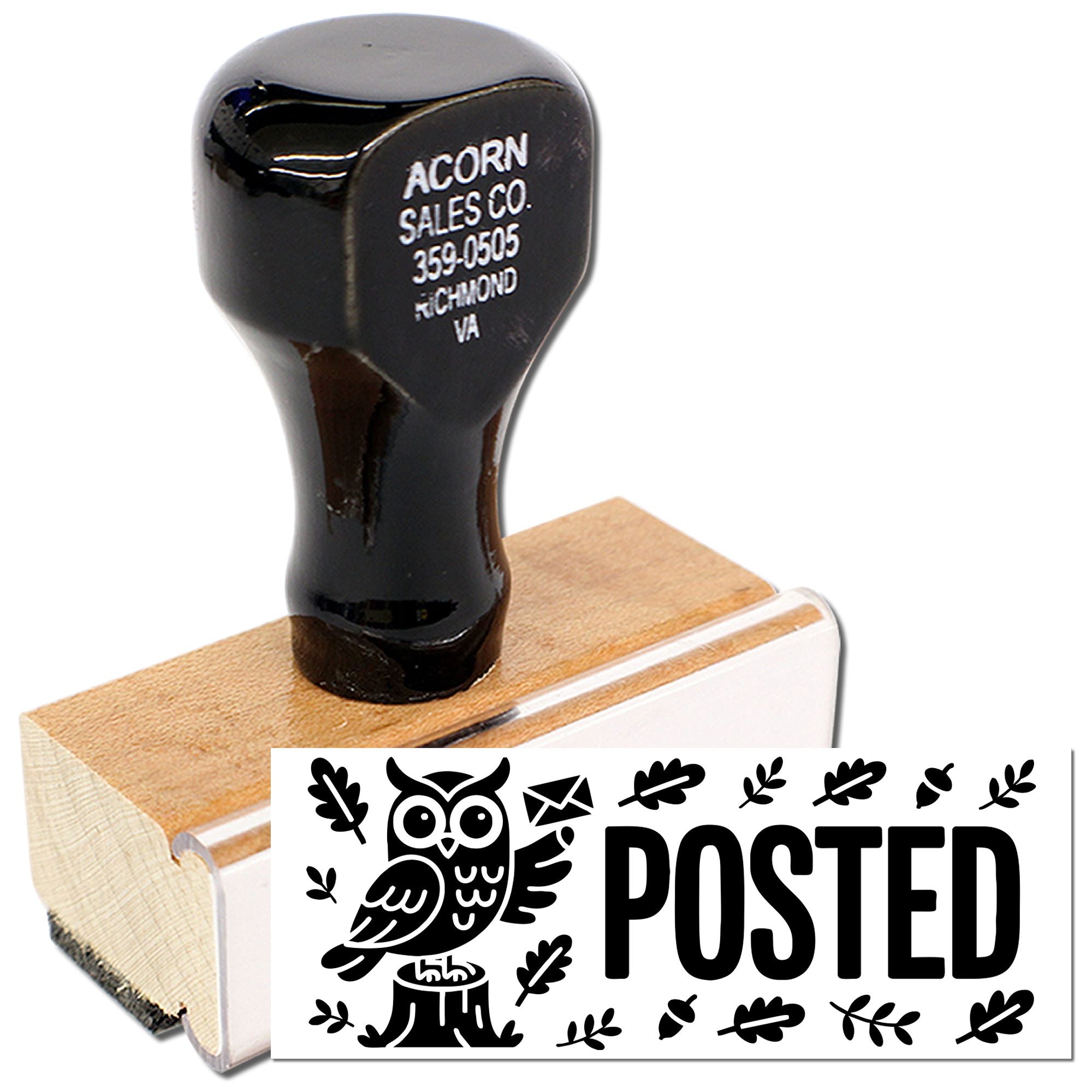 Custom rubber address stamp for Acorn Sales Co., Richmond VA, with posted owl design for mailing and packaging.