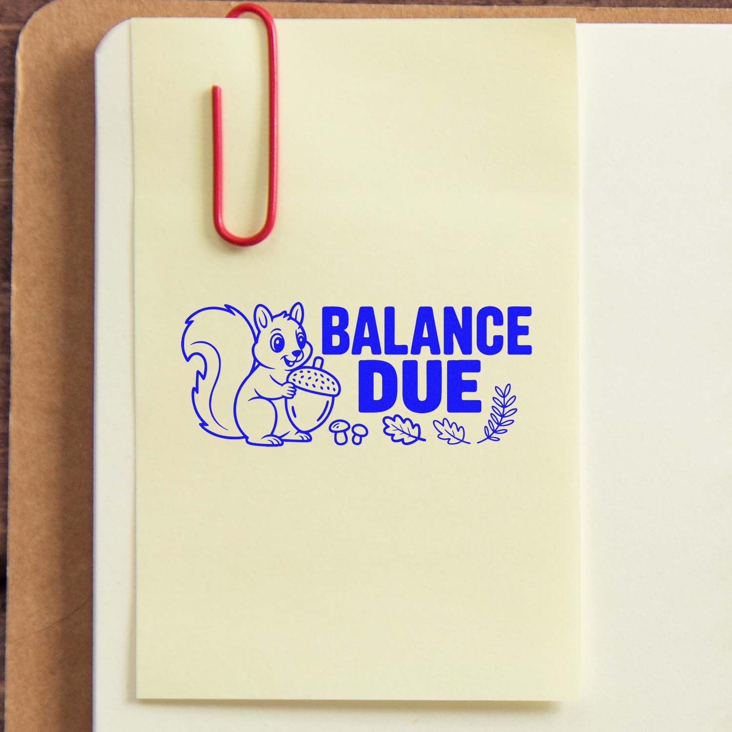 Balance Due rubber stamp with squirrel and acorn for invoice reminders and bookkeeping.