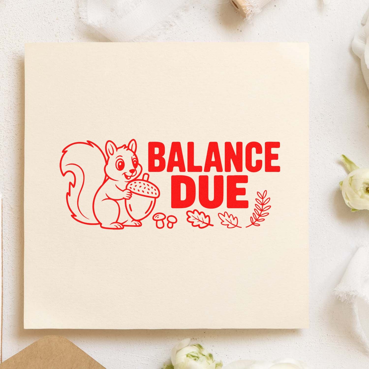 Balance Due rubber stamp design with squirrel and acorn, perfect for invoice reminders, billing, and office use.