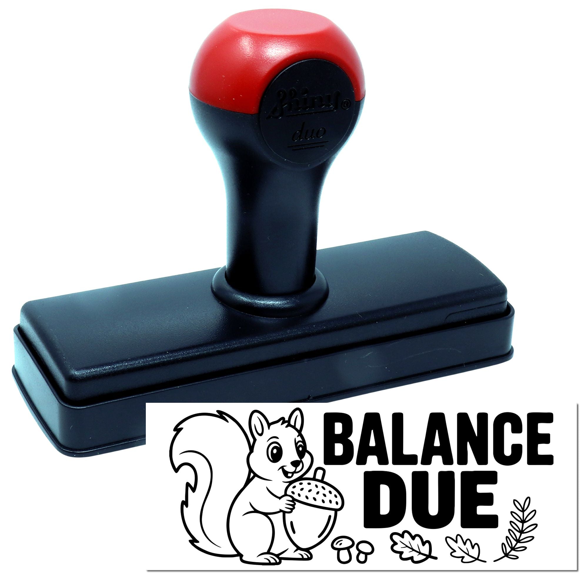 Balance Due self-inking rubber stamp with squirrel and acorn design for marking invoices or payment reminders