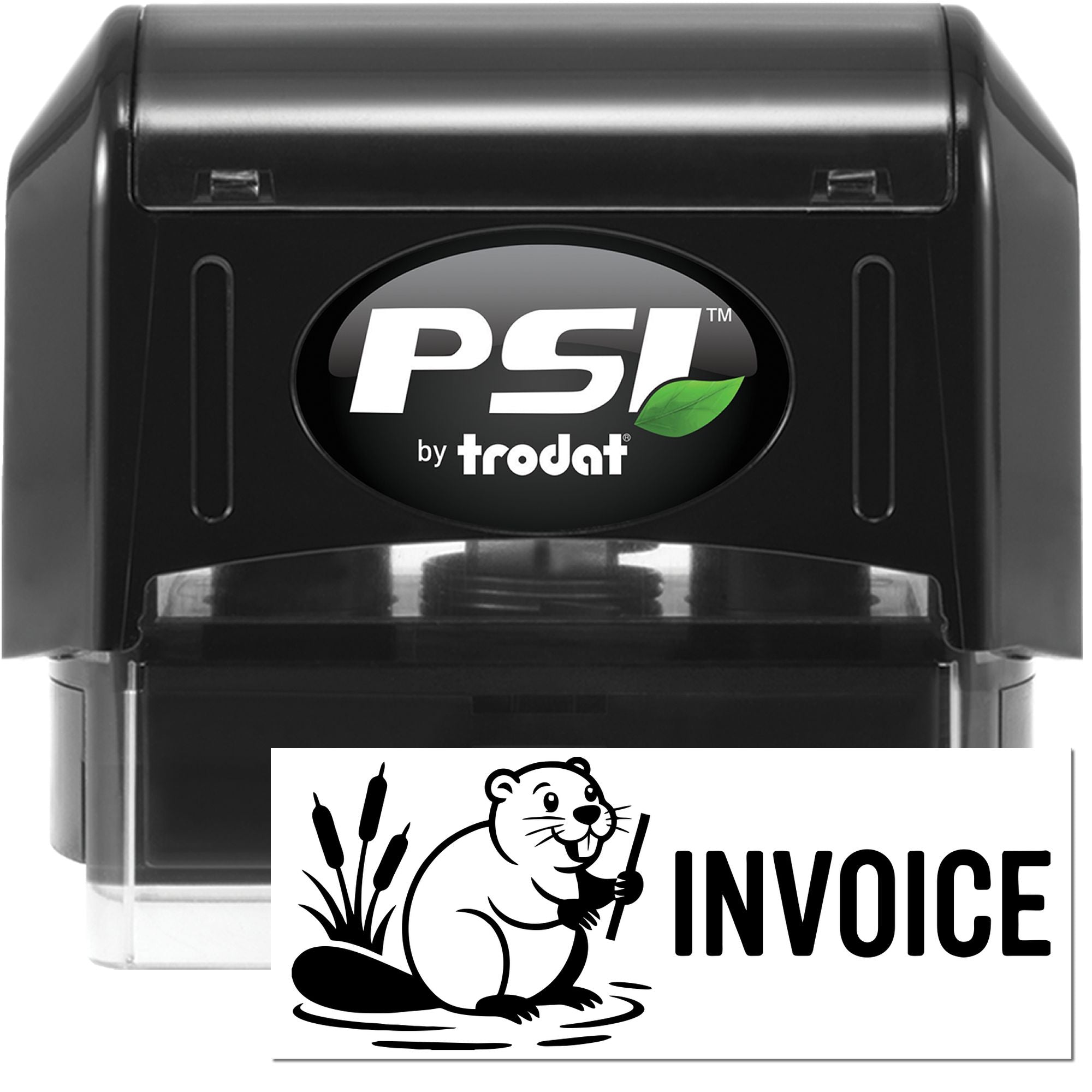 PSI by Trodat self-inking rubber stamp with custom INVOICE imprint for fast office document labeling.