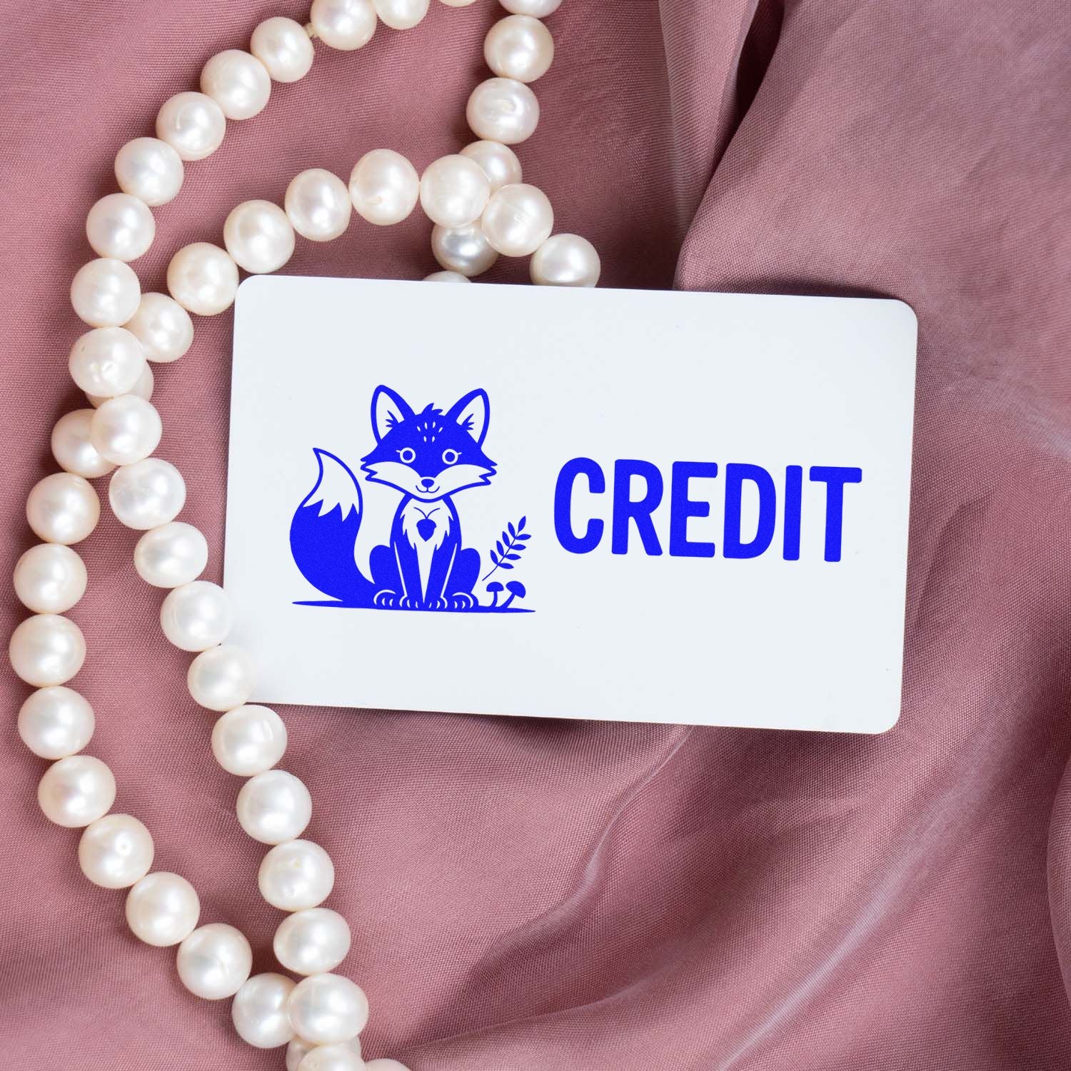 Custom credit rubber stamp with fox logo on white card, styled with pearl strands on pink fabric for branding.