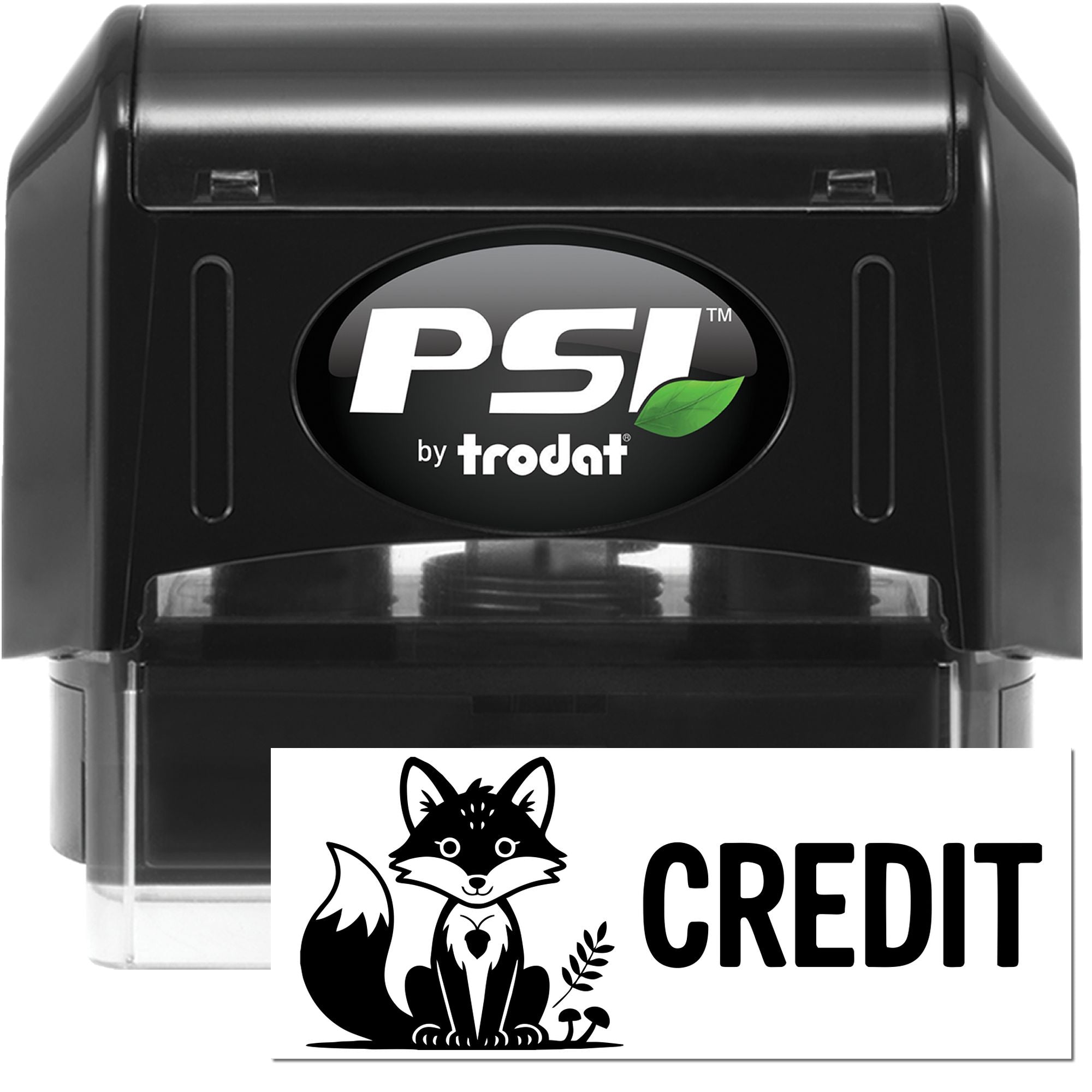 PSI by Trodat self-inking rubber stamp with custom CREDIT fox design for business document marking.