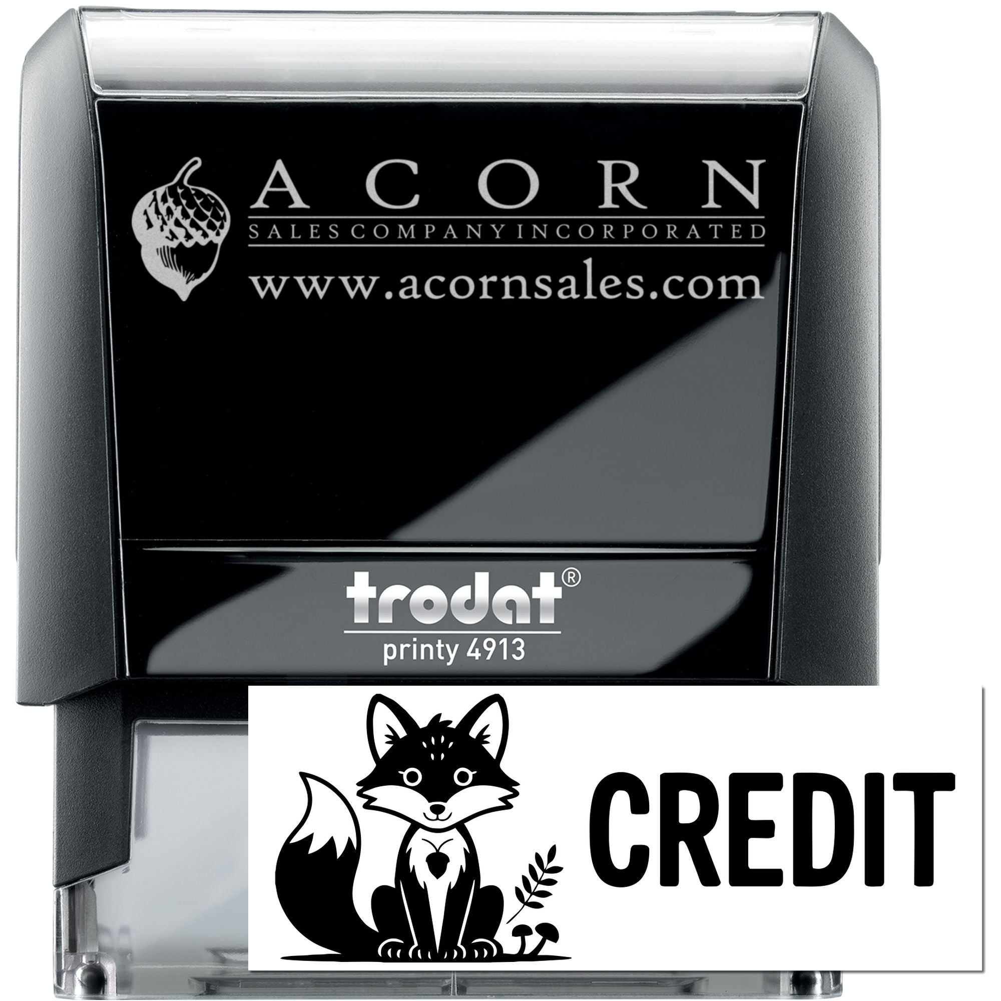 Trodat Printy 4913 self-inking custom rubber stamp with Acorn Sales Company logo and website for business branding.