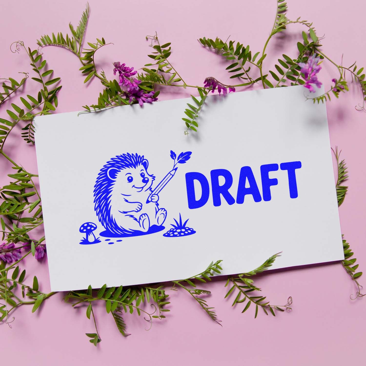 Draft rubber stamp design with hedgehog and pencil illustration for office proofing, stationery, and custom stamps.