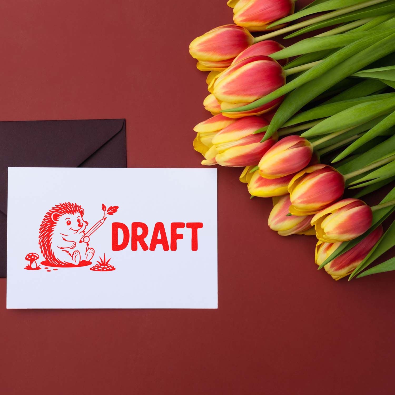 Draft rubber stamp mockup on a white card with hedgehog design, beside tulips and an envelope.