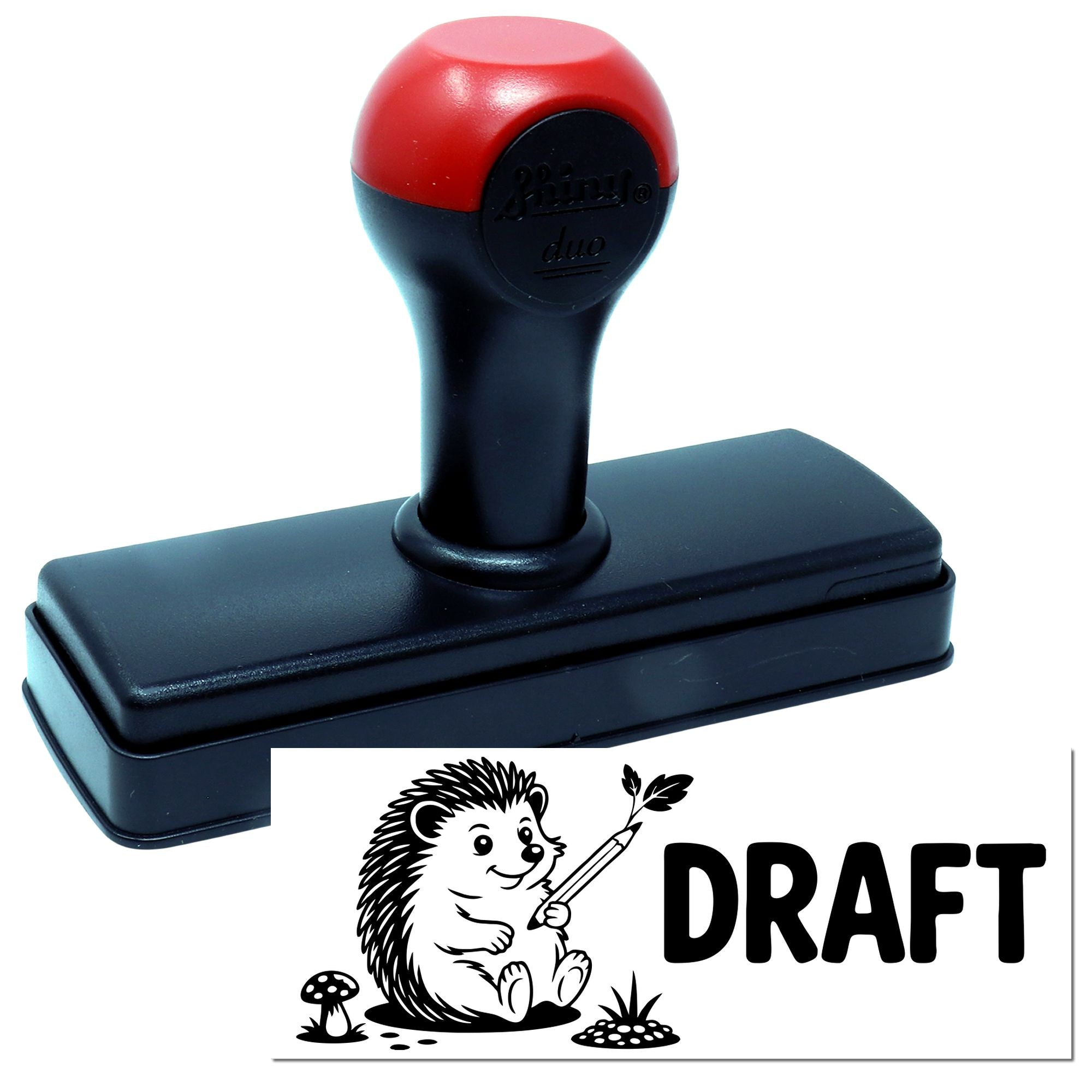 Self-inking rubber stamp with DRAFT hedgehog design for office document marking and custom business use.