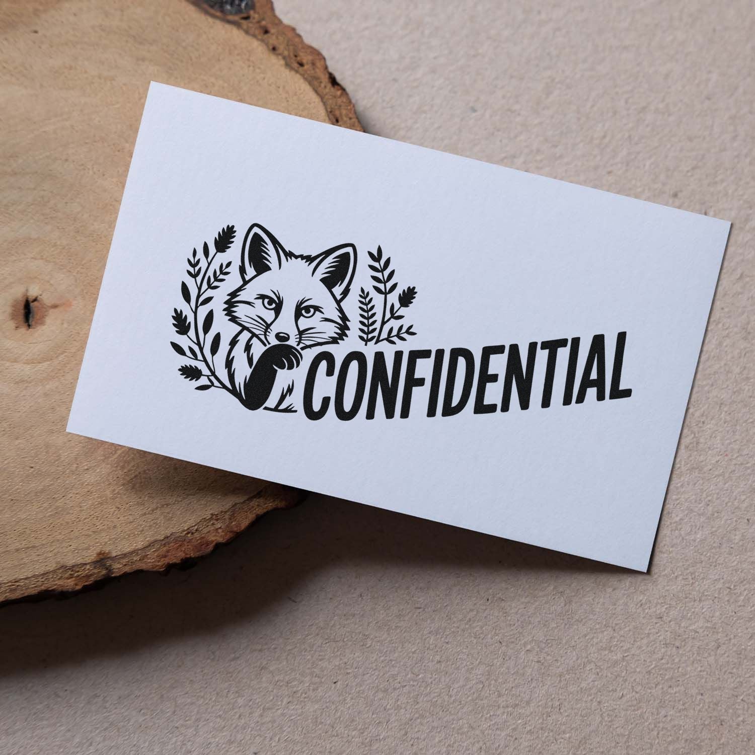 Custom fox confidential rubber stamp design for business documents on white card.