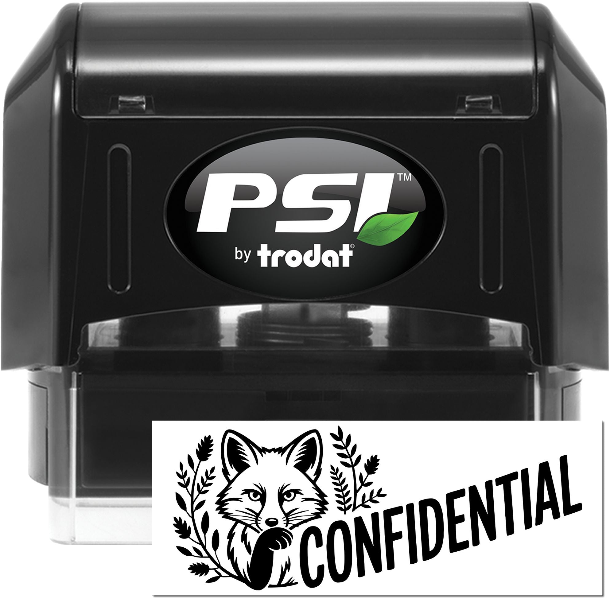 PSI by Trodat self-inking rubber stamp with custom Confidential fox design for office document security.