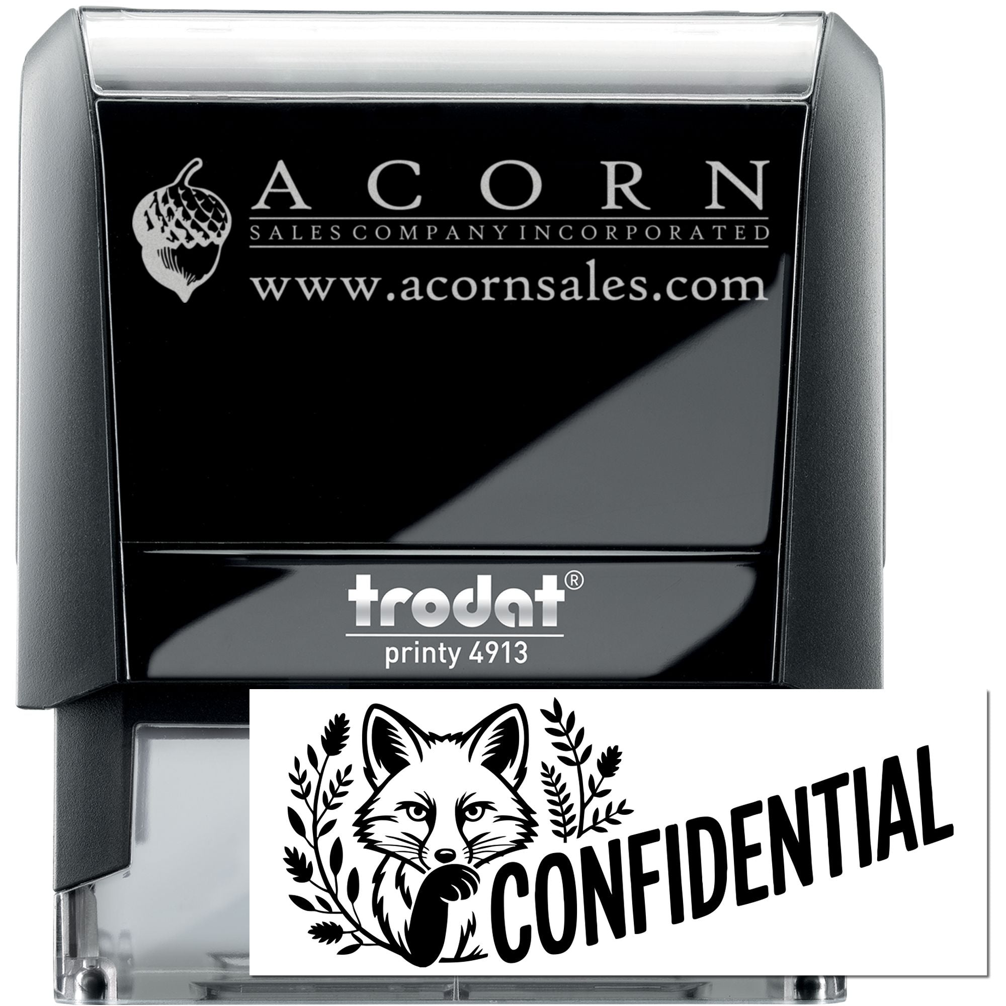 Custom self-inking rubber stamp with Acorn Sales logo and confidential fox design for business branding and document marking.