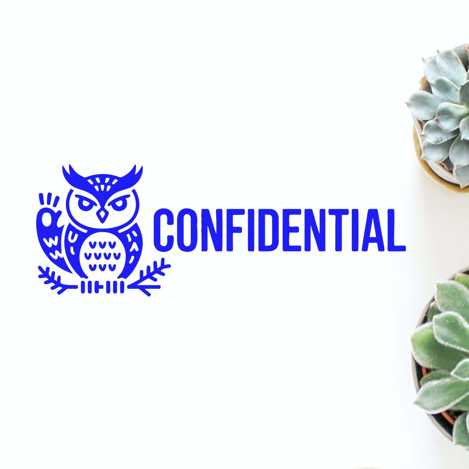 Confidential owl rubber stamp for secure document marking with bold blue text and decorative owl icon