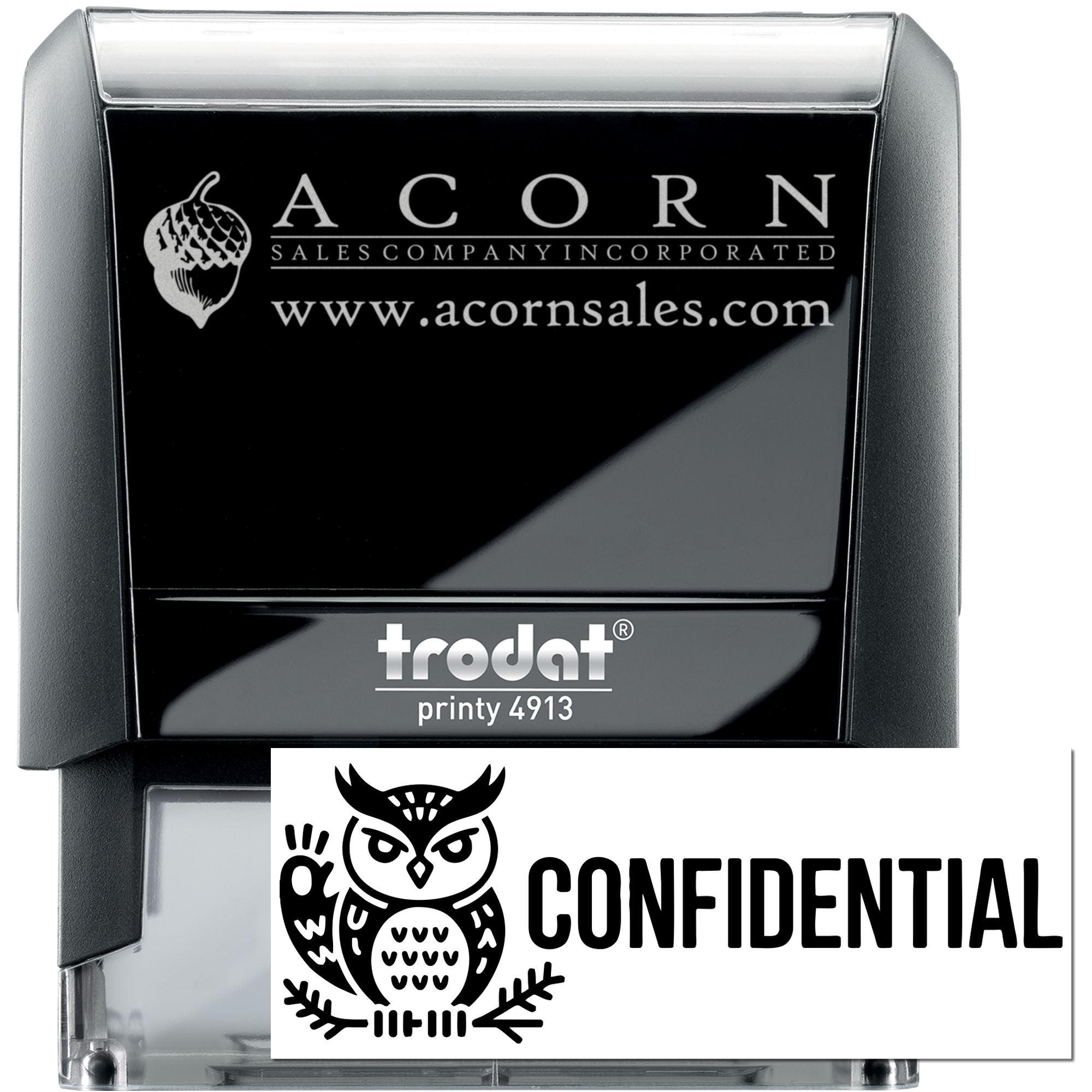 Custom self-inking rubber stamp with Acorn Sales logo and confidential owl design, Trodat Printy 4913 business stamp.