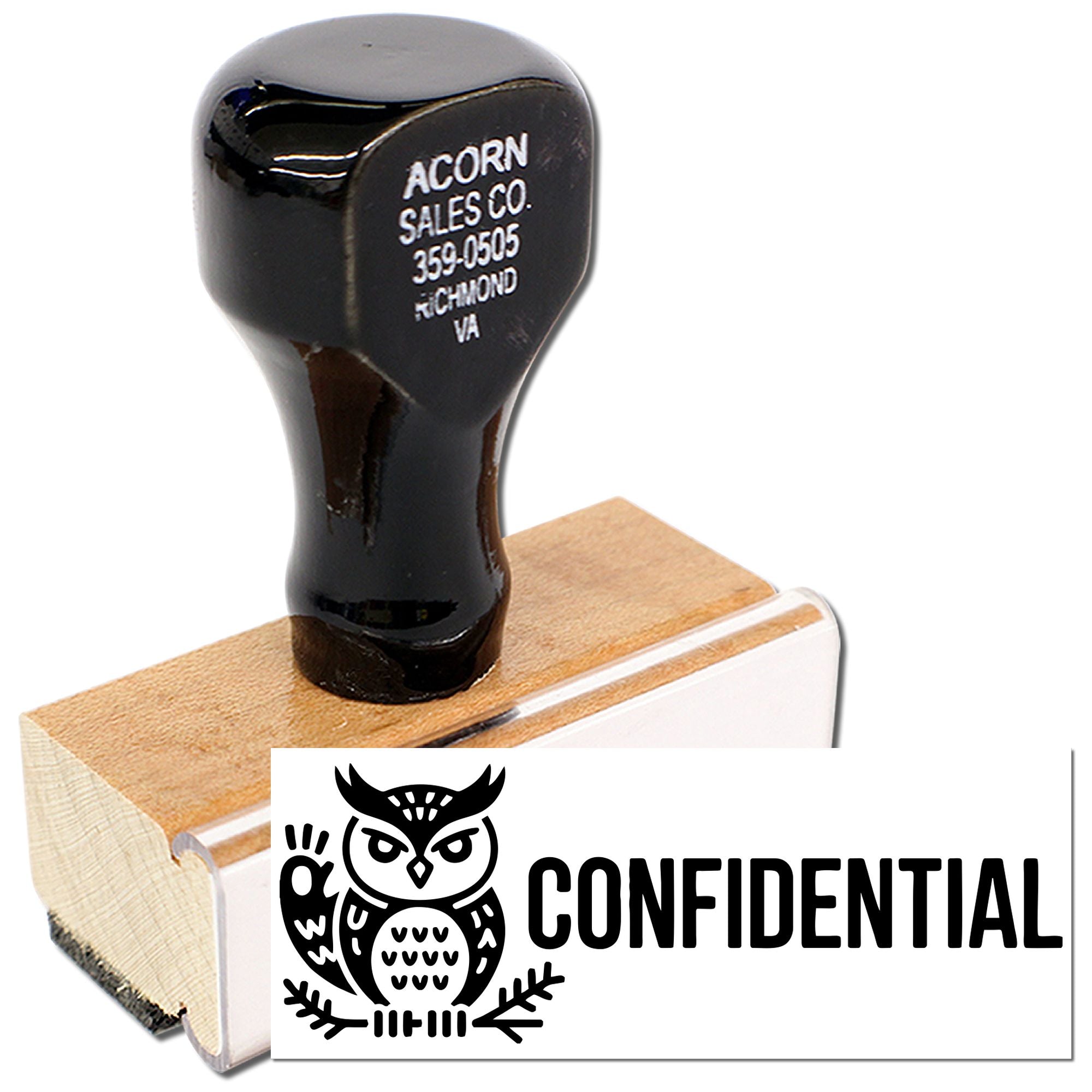 Custom confidential owl rubber stamp with wooden handle for office document marking.