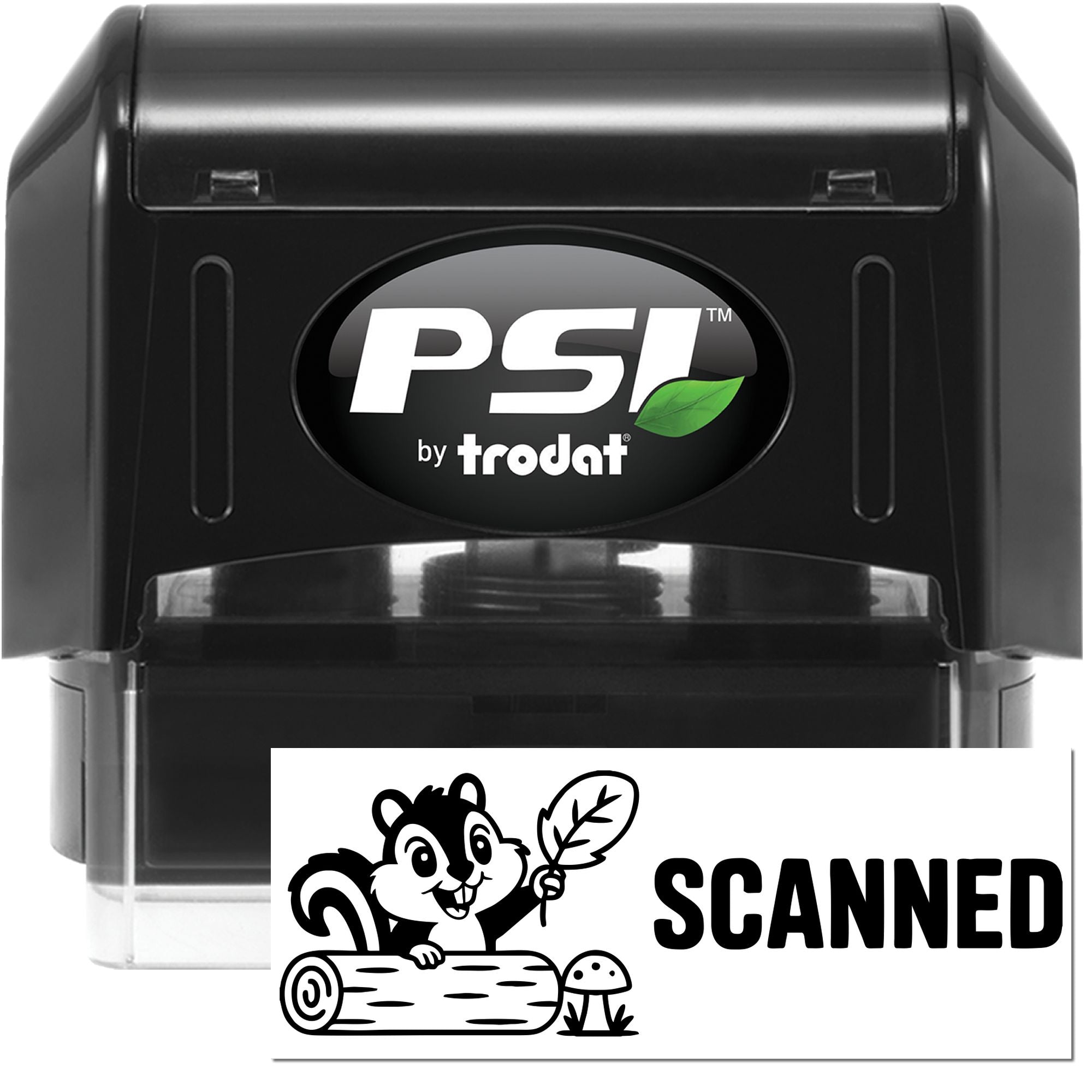 PSI by Trodat self-inking rubber stamp showing a Scanned imprint with squirrel cartoon design.