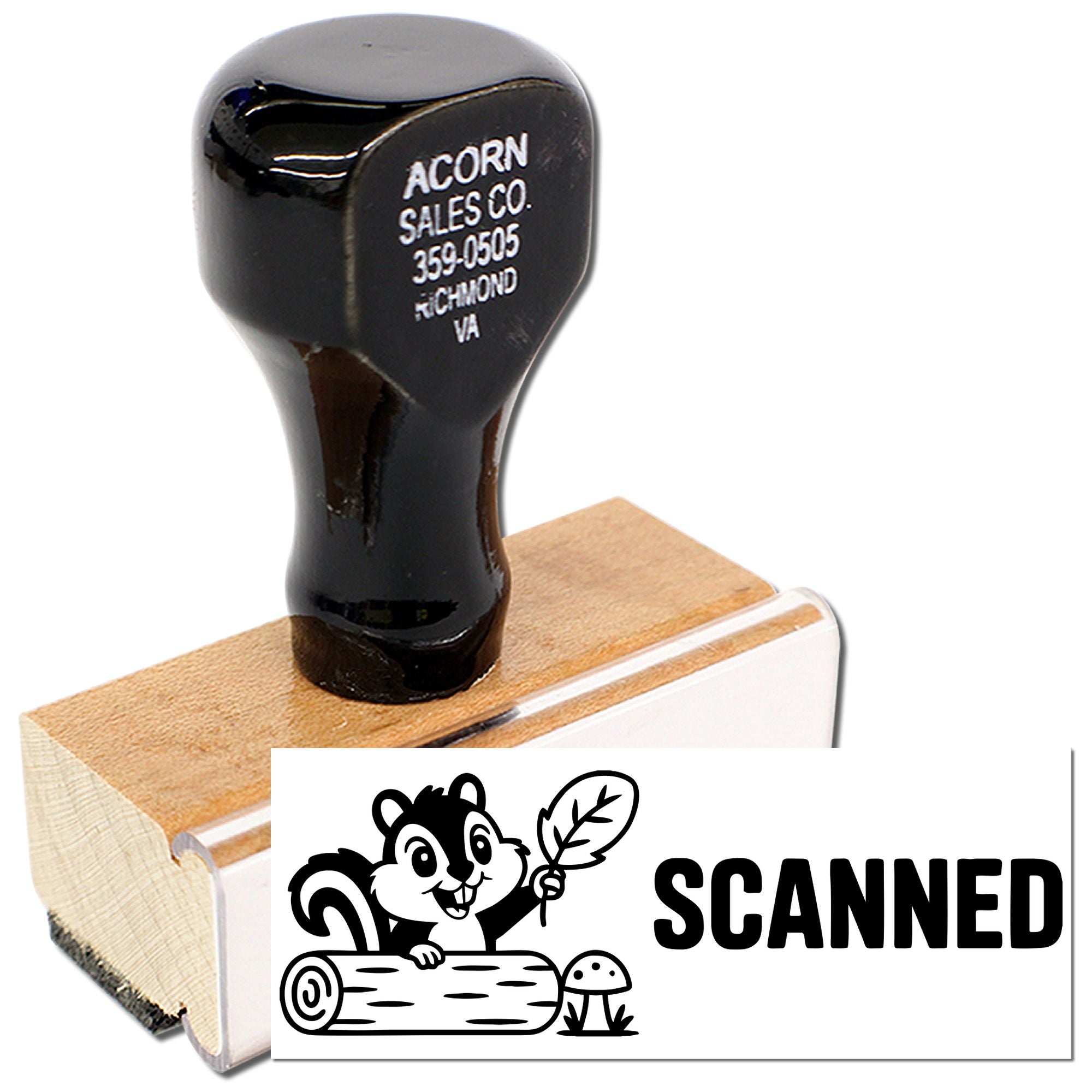 Custom rubber stamp with Acorn Sales Co. imprint and scanned squirrel logo for branded business packaging.