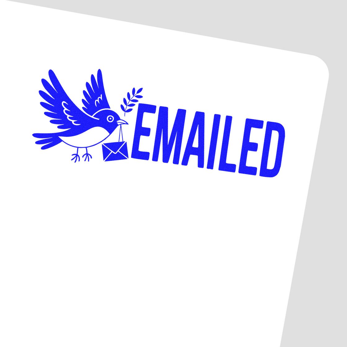 Blue rubber stamp with bird carrying envelope and EMAILED text for marking sent mail and office documents.