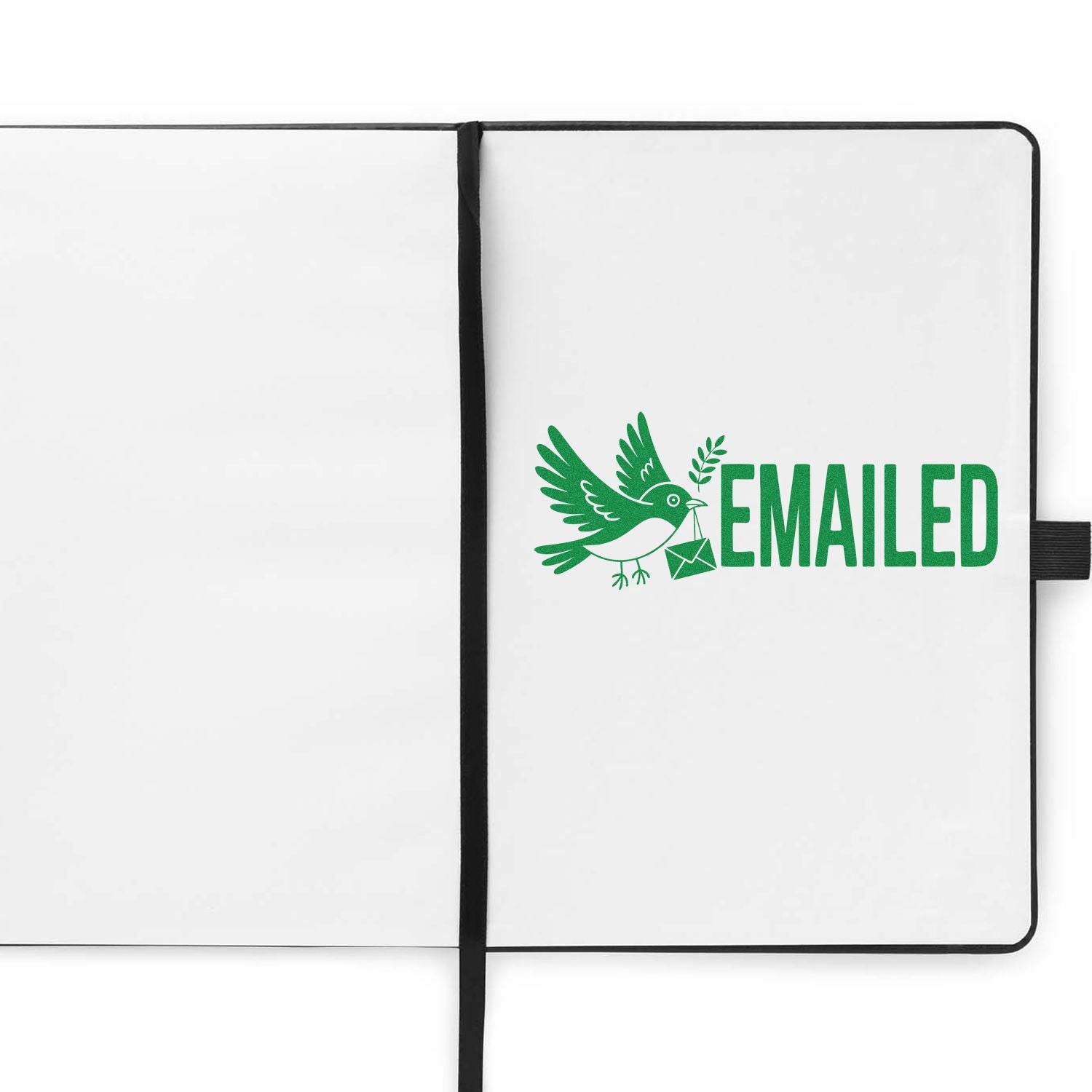 Green EMAILED rubber stamp with bird and envelope on an open notebook, ideal for office mail tracking and correspondence.