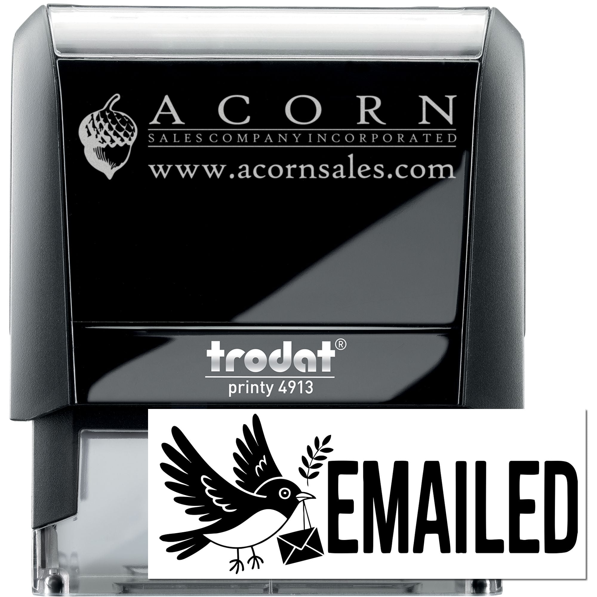 Custom self-inking Trodat Printy 4913 rubber stamp with Acorn Sales logo and emailed imprint for business mail.