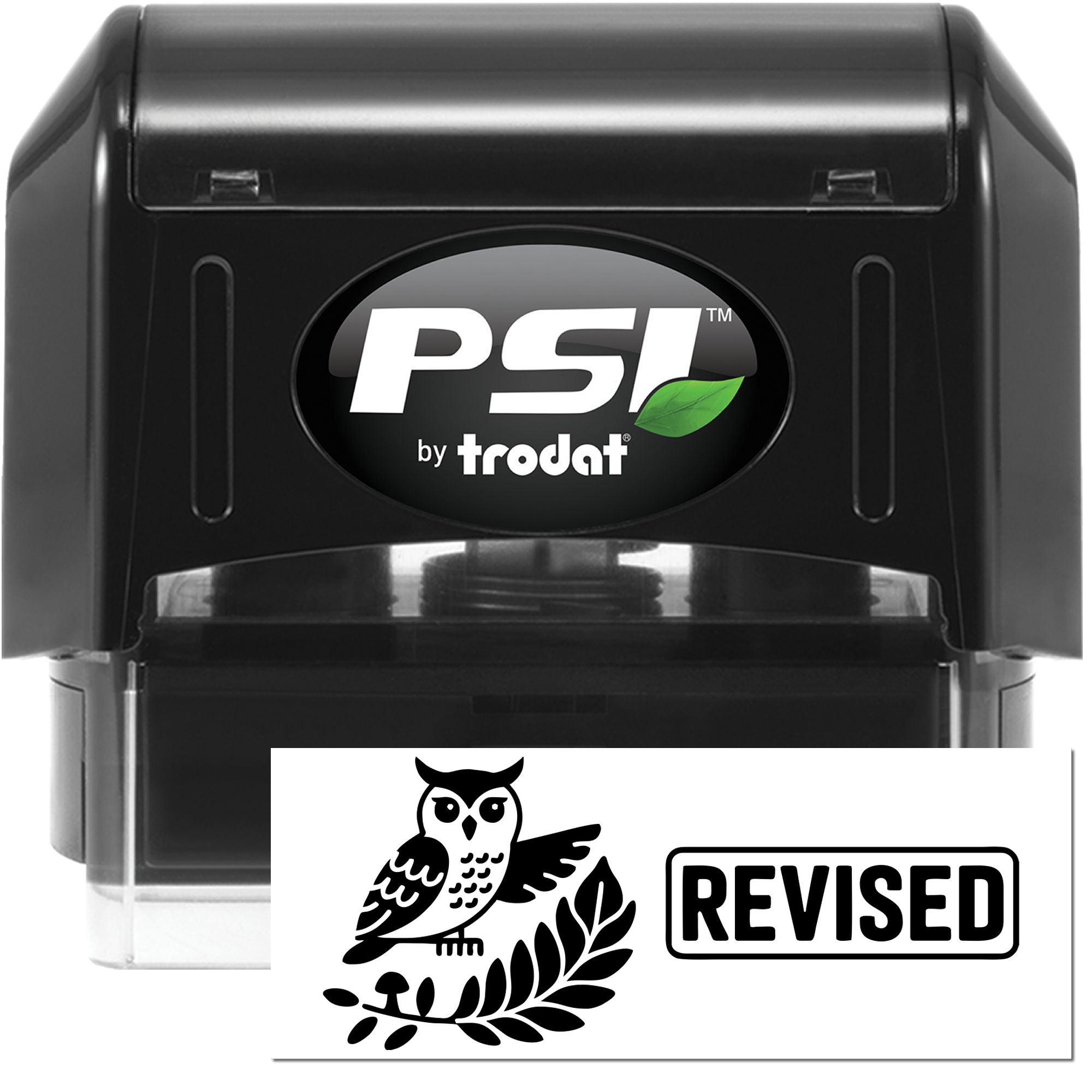 PSI by Trodat self-inking rubber stamp with revised owl design for office document marking.