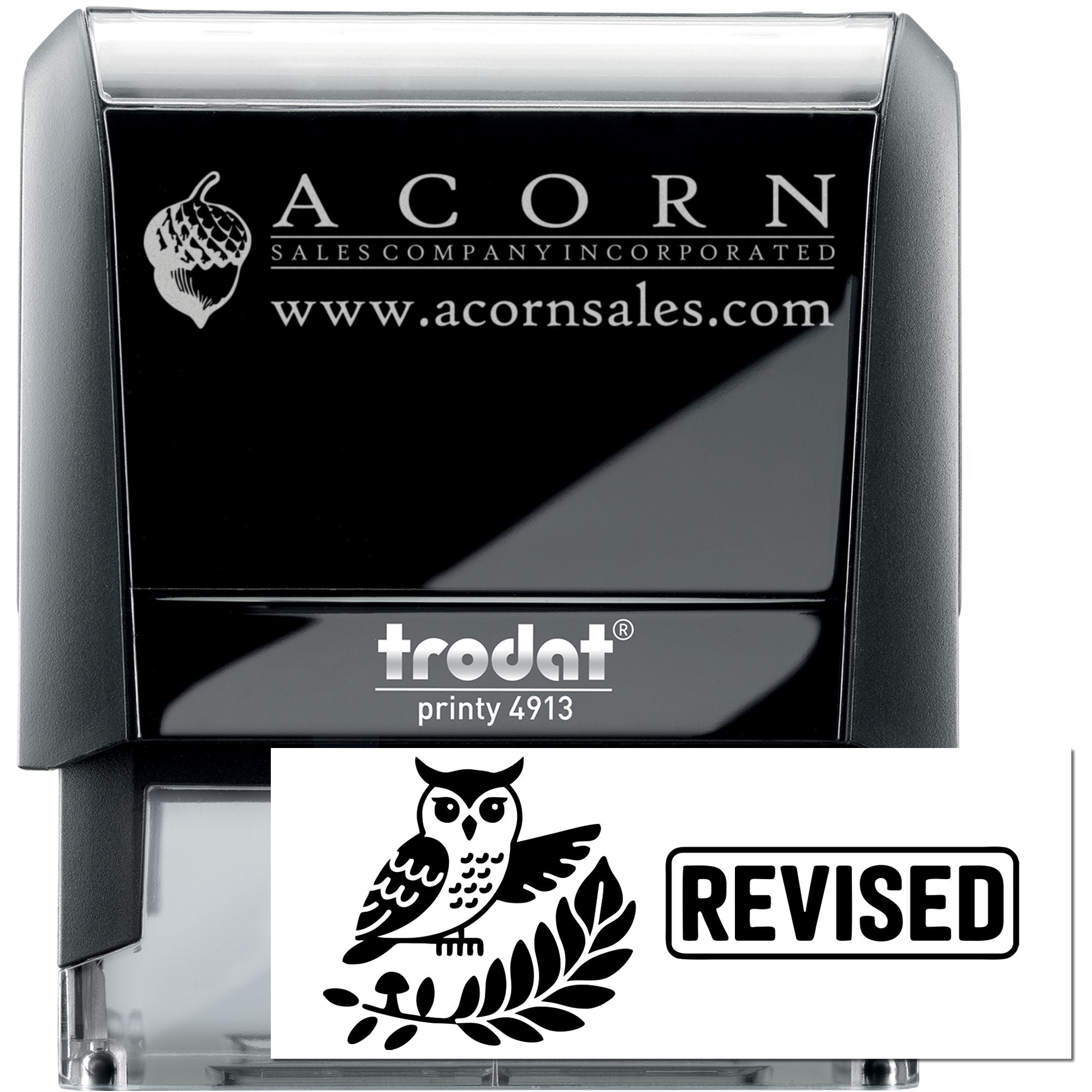 Custom self-inking business logo rubber stamp, Trodat Printy 4913, with Acorn Sales branding and revised owl imprint.